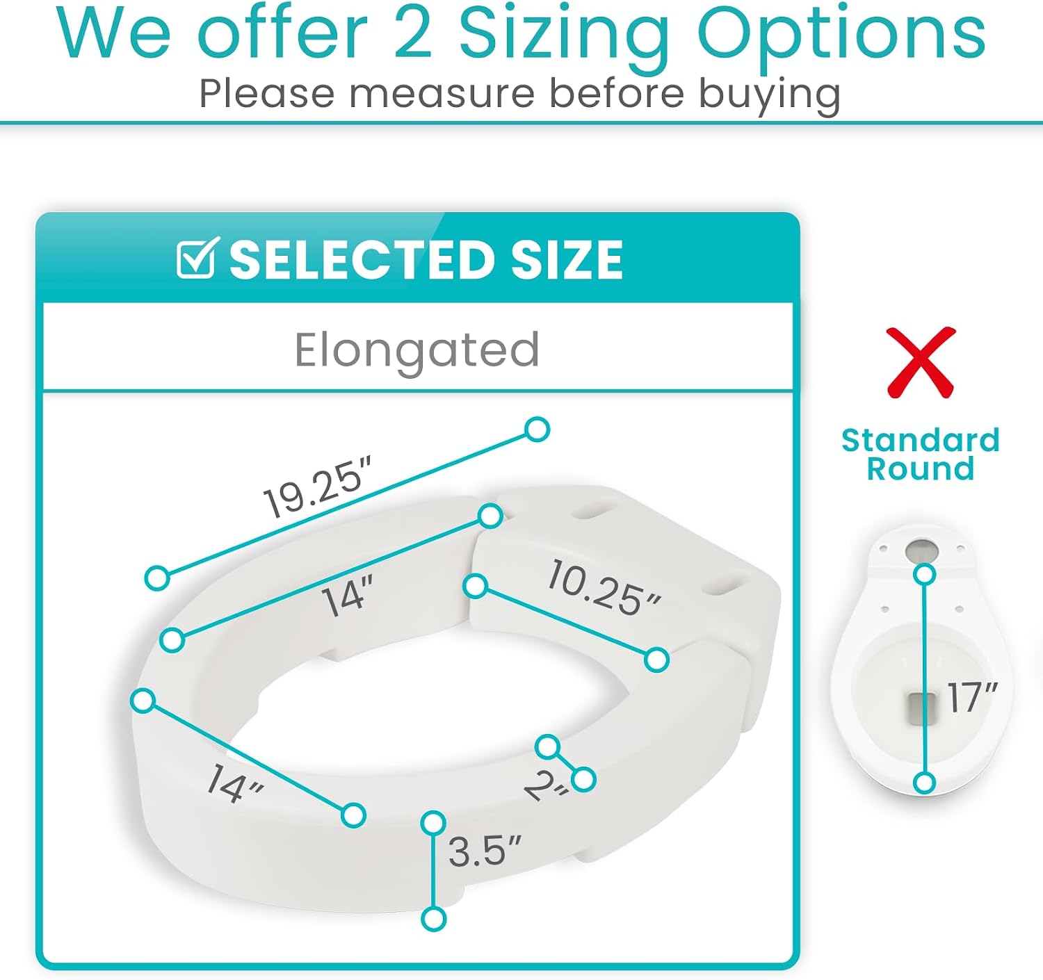Vive Raised Toilet Seat (Elongated, Adds 3.5 Inches) - Elevated Toilet Seat Riser & Extender for Seniors & Handicap - High Rise Toilet Extension for Elderly - Portable Commode Toilet Booster for Adult