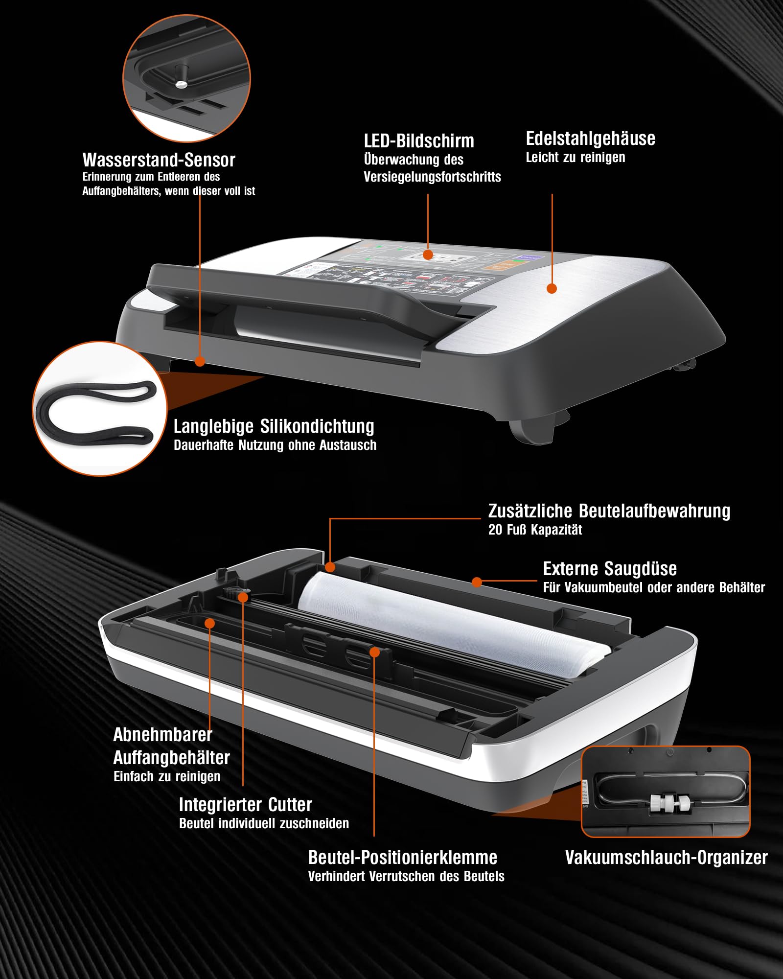 Vakuumiergerät für Lebensmittel 95 kPa, 12-in-1 Vacuum Sealer mit doppelter Schweißnaht, Easy-Lock-System, integriertem Cutter, abnehmbarer Tropfschale für Frische und lange Lagerung