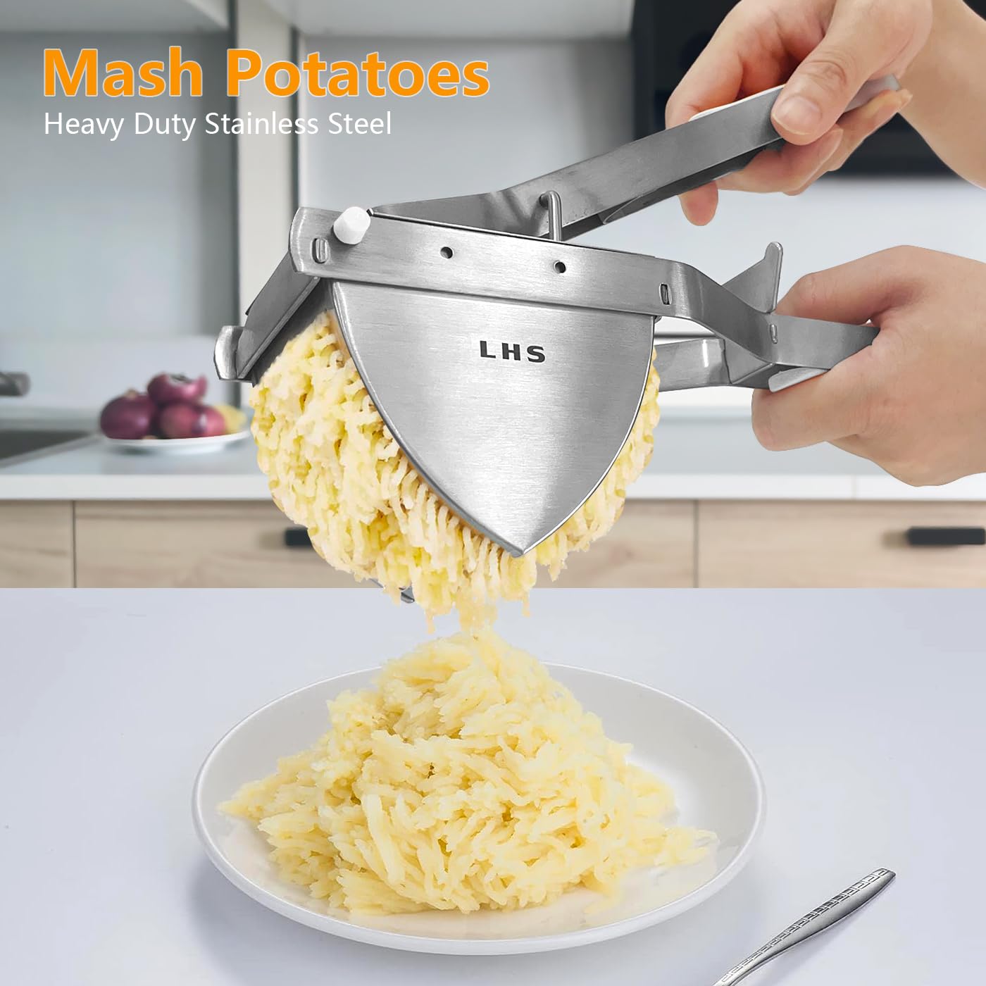 LHS Kartoffelpresse und Stampfer, robuster Edelstahl, kommerzielle Babynahrungsstampfer, Business-Kartoffelstampfer und Lebensmittelpresse mit ergonomischem Komfortgriff, Weiß
