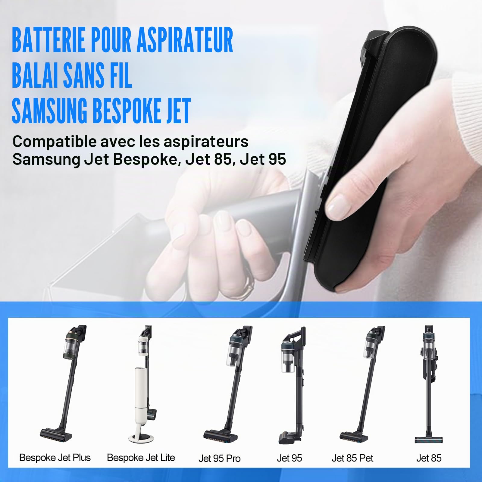 Batterie pour aspirateur sans Fil Samsung Jet Bespoke Plus, Jet 85, Jet 95 Samsung, remplace Le modèle de Batterie VCA-SBTA95, VCA-SBTA95/VT. Compatible avec VS20C95E4TB/WD, VS20C95D4TK/WD