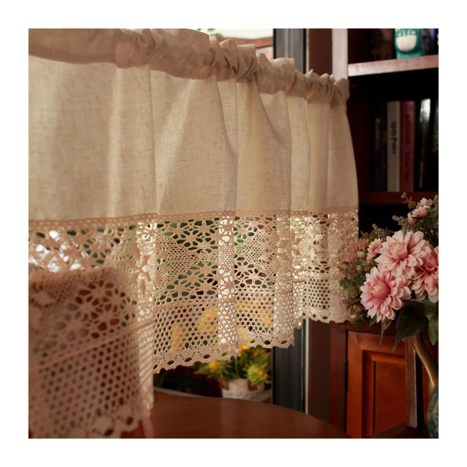 Rideau pour placard en coton lin au crochet rustique style vintage beige W150xH90cm