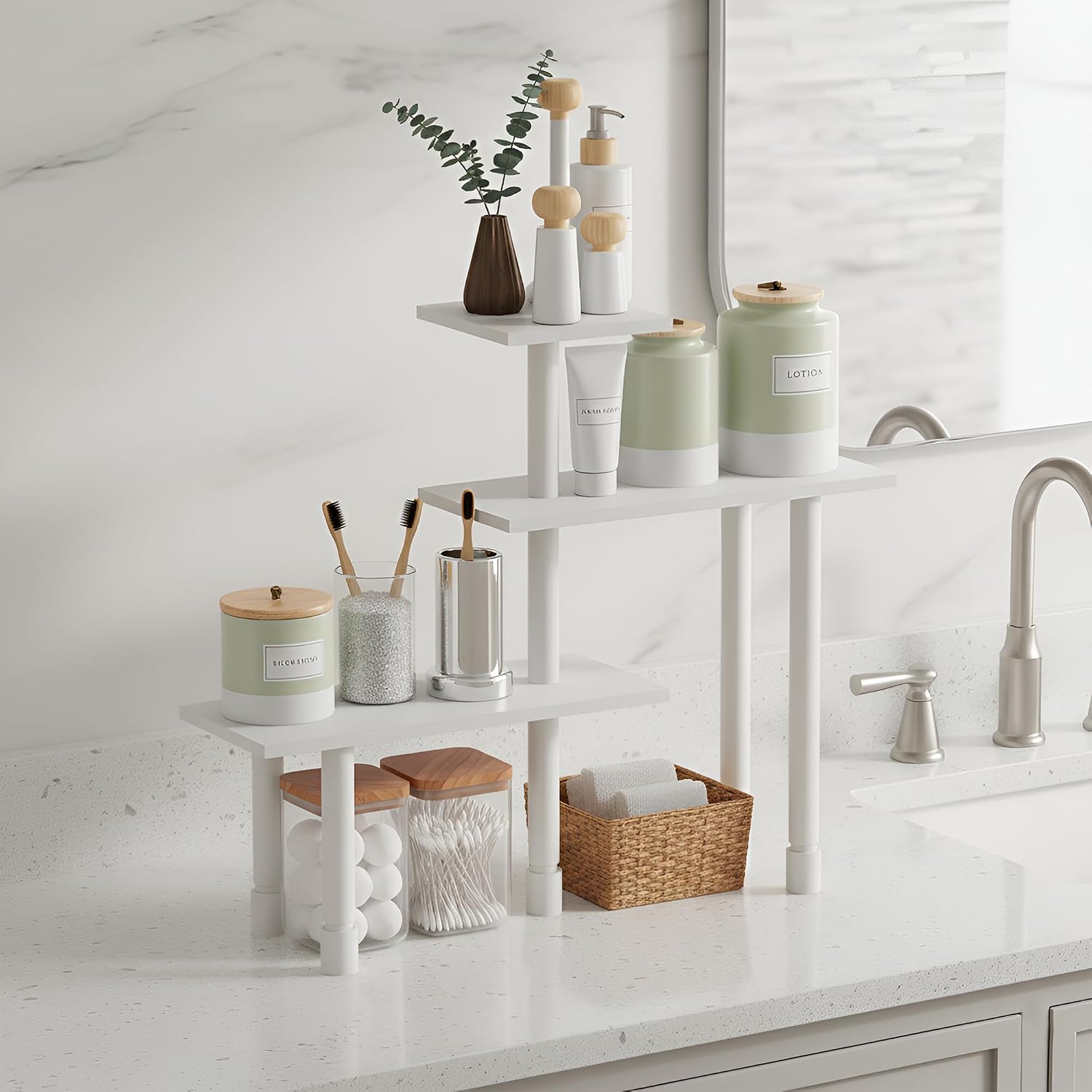 Furinno Turn-N-Tube Corner Shelf, 3-Tier Countertop Corner Organizer, Toolless Pantry Organizers and Accessories, Adjustable Table Top Shelf, for Vanity, Small Spaces, Kitchen, Bathroom, White