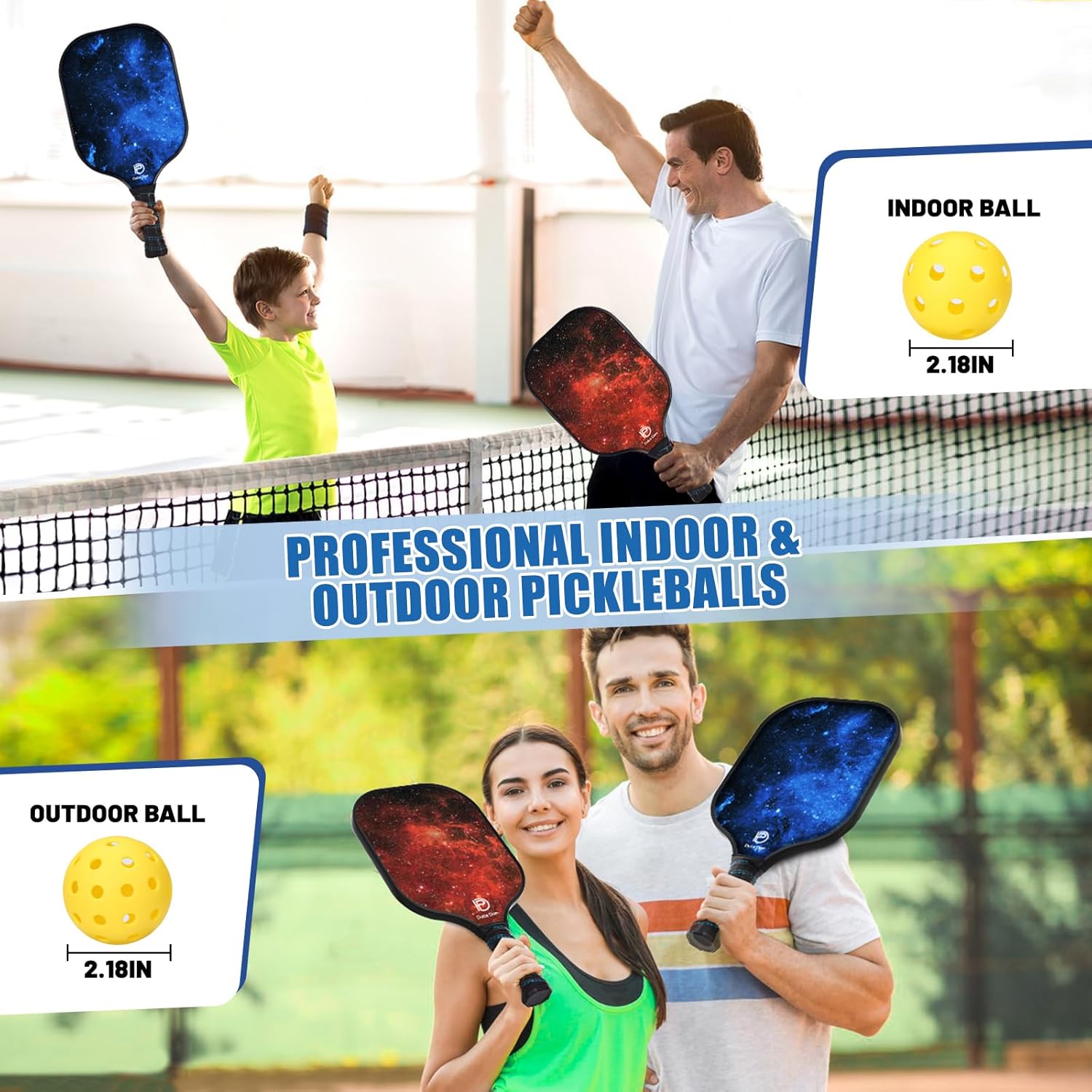 Dulce DOM Pickleball Paddles Set of 2/4 - USAPA Approved, 4 Indoor Outdoor Pickleball Balls, Fiberglass Surface Paddle Racket with Cover Bag, Ideal Training Equipment Gift for Men & Women
