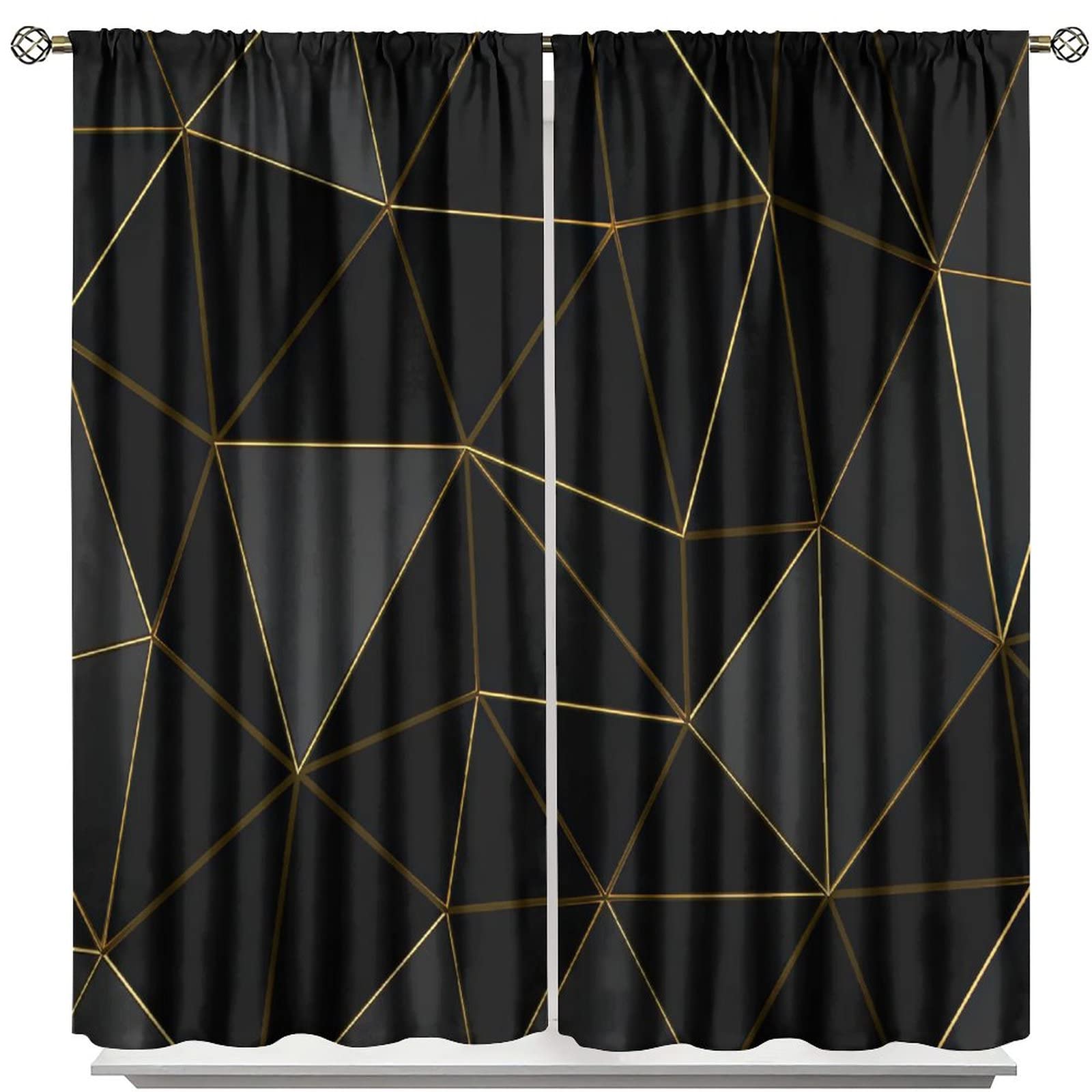 Black Blackout Curtains,Abstract Geometric Black Golden Art Rod Pocket Window Drapes for Living Room Bedroom Dining Room Decor W42xL63in