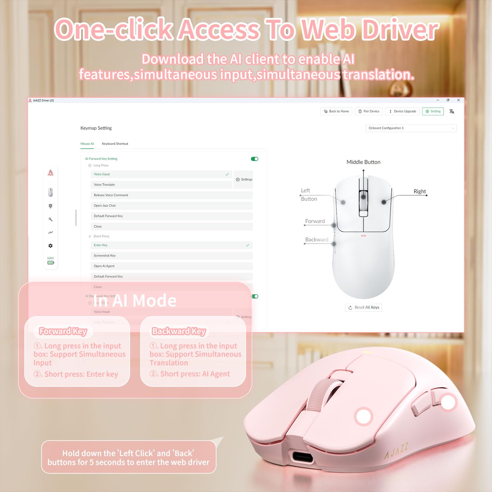 A.JAZZ AJ200P Bezprzewodowa Mysz Obsługuje AI Prompt & RGB Stację Dokującą | Mysz komputerowa BT/2,4G/Przewodowa, lekka, z funkcją AI Voice Typing, sensorem PAW3311, 24K DPI, 1000Hz biura/gier - Różowa