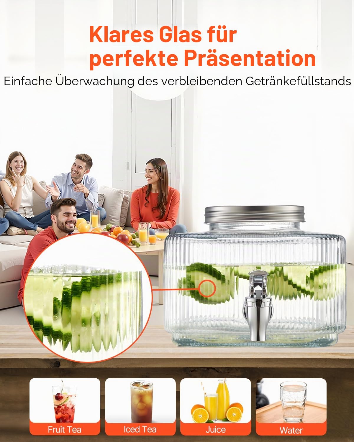 VEVOR Getränkespender (1 x 3 L) für Partys Saftspender (aus Glas) mit tropfsicherem Zapfhahn & Deckel Wasserspender für Restaurants Partys, Limonade Eistee selbstgemachte Getränke Spender