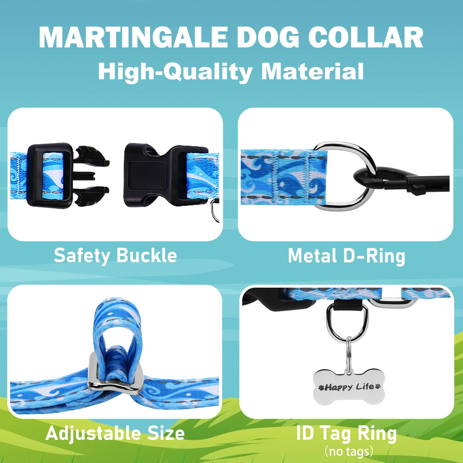 Collar reflectante de martingala con hebilla de liberación rápida, antitirones, ajustable, para perros (ondas azules, S)