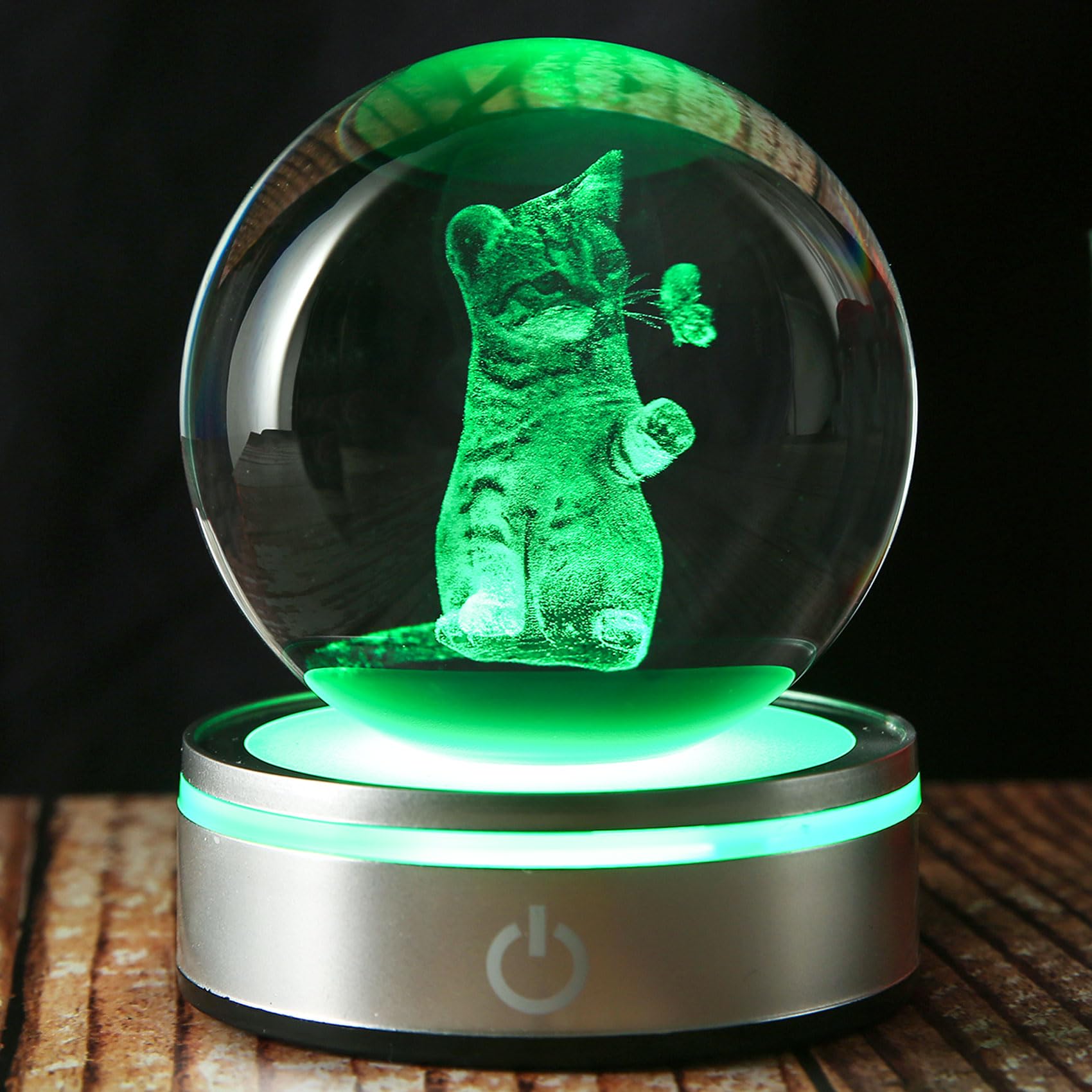 3D Katzen Kristallkugel Mit LED-Sockel – K9-Kristall, 8 Cm, Geschenk Für Katzenliebhaber