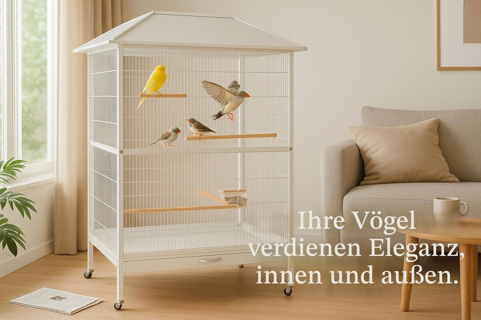 Flamingo Vogelkäfig – Voliere Vögel – Valka Weiß – 107×88,5×170 cm – Metall pulverbeschichtet, 4 Sitzstangen, 4 Näpfe, Schiebetüren, Metall-Schublade, Rollen