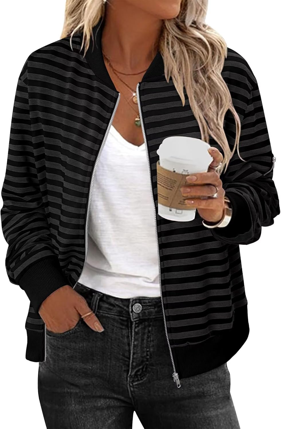 KISSMODA Women Windproof Jacket Zip Up Overcoat Lightweight Casual Long Sleeve Coat Fall Fashion Outfits with Pockets S-XXL