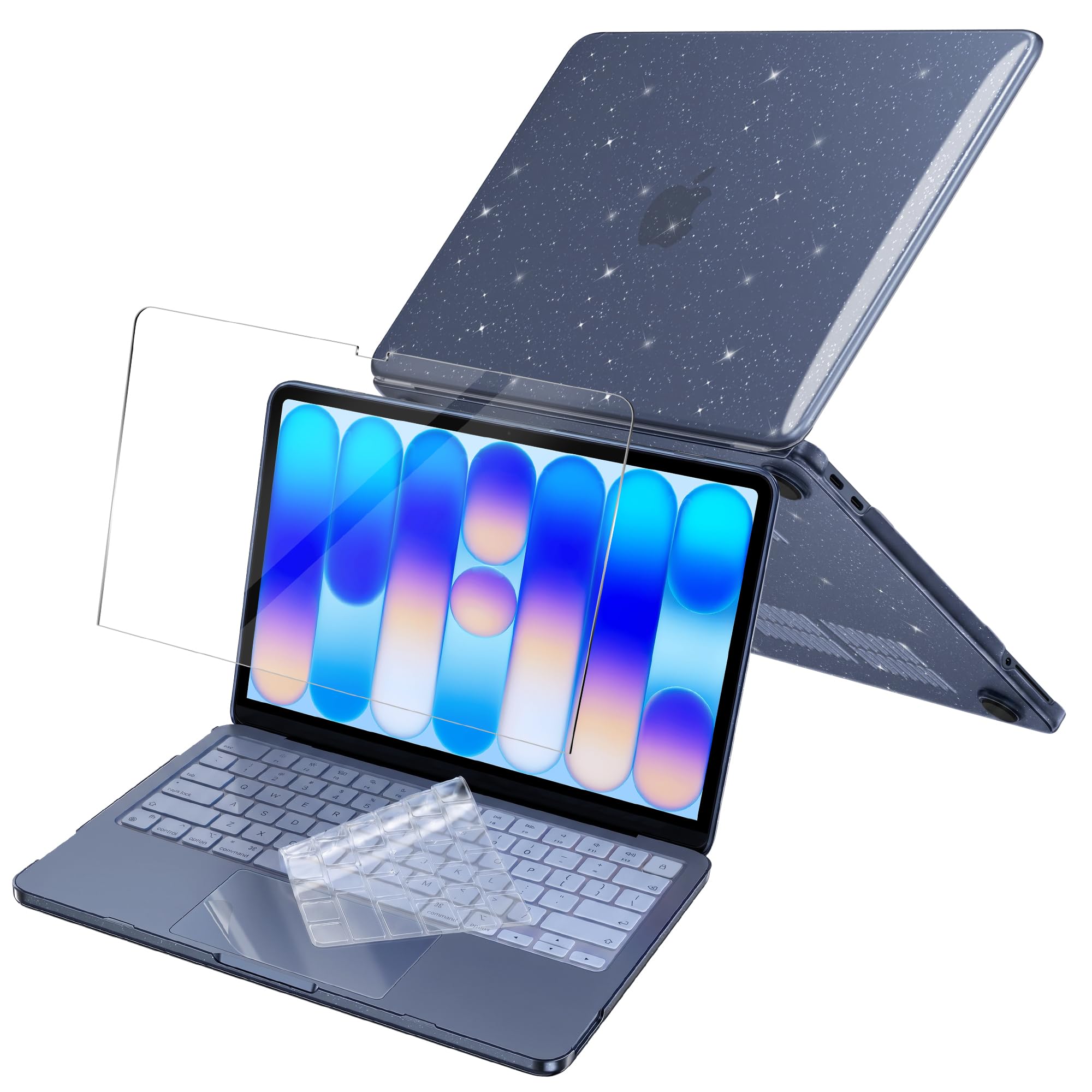 NEWZEROL Cover + 3 Pezzi Pellicola Protettiva Compatibile Per Macbook Neo, Cover Glitter + Vetro Temperato + Pellicola Protettiva Tastiera TPU + Pellicola Trackpad, Antigraffio e Anticaduta