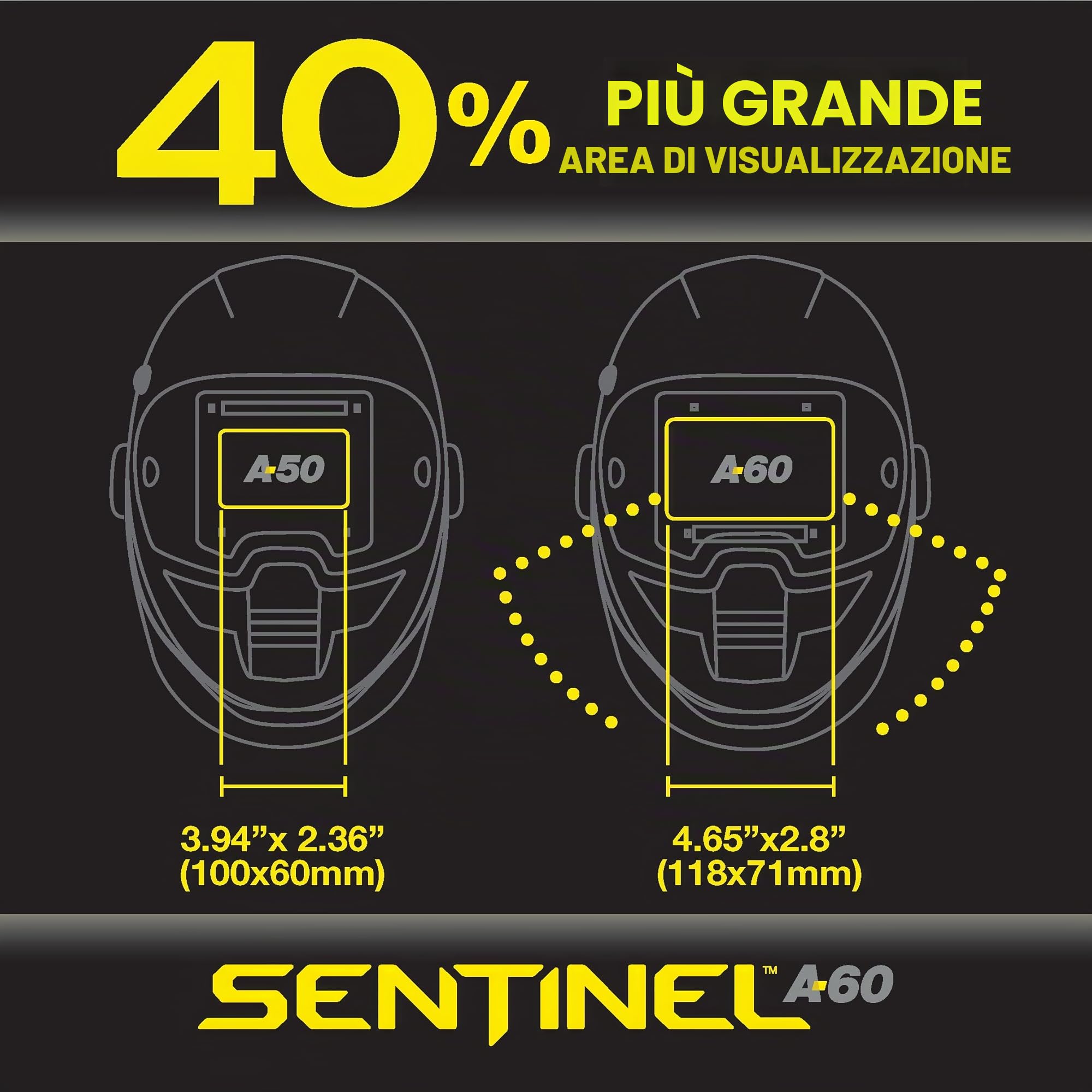 ESAB® Sentinel™ A60, casco da saldatura, design piatto nero, nylon ad alto impatto, ampio campo visivo 11,8 x 7,1 cm