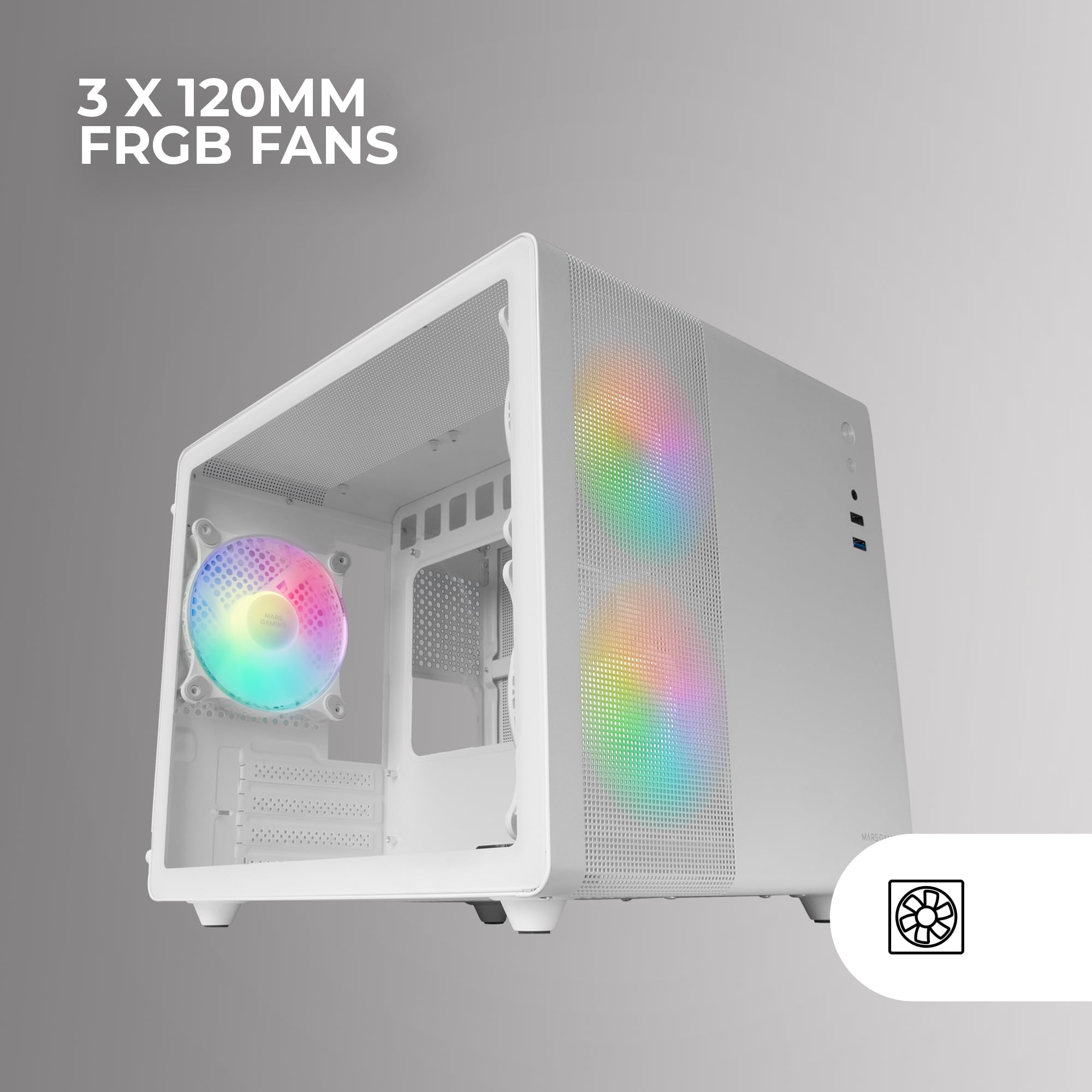 Mars Gaming MC-400, Case Gaming Compatto Micro-ATX, Finestra Laterale Totale Vetro Temperato, 3x Ventole FRGB 120mm, Pannello Laterale Completo Mesh, Bianco