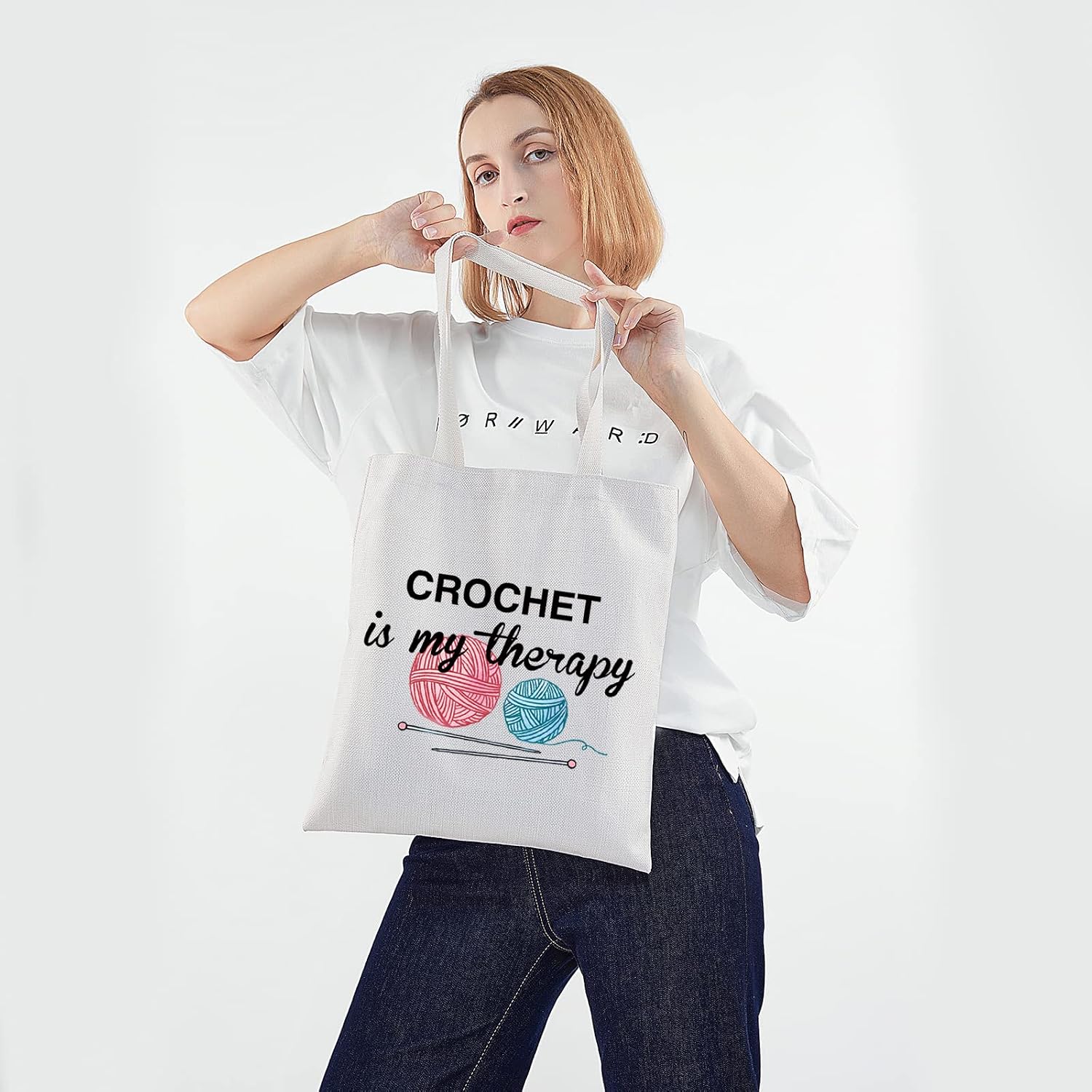 PWHAOO Knitting Project Bag Crochet Is My Therapy Knitting Humor Gift Yarn Bag Knitting Tote Bag Mothers Day Gift