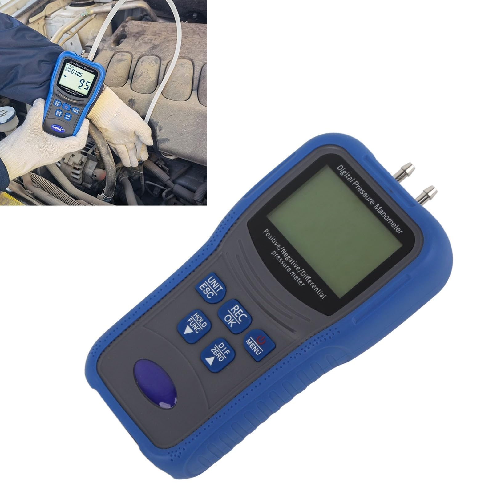 Bewinner Manómetro Digital Pantalla LCD Alta Precisión ±0.3% FS, Manómetro Diferencial Portátil 0~30PSI 0~200Kpa, Medidor de Presión de Aire de Gas con 32 Registros de Datos y Retroiluminación, para