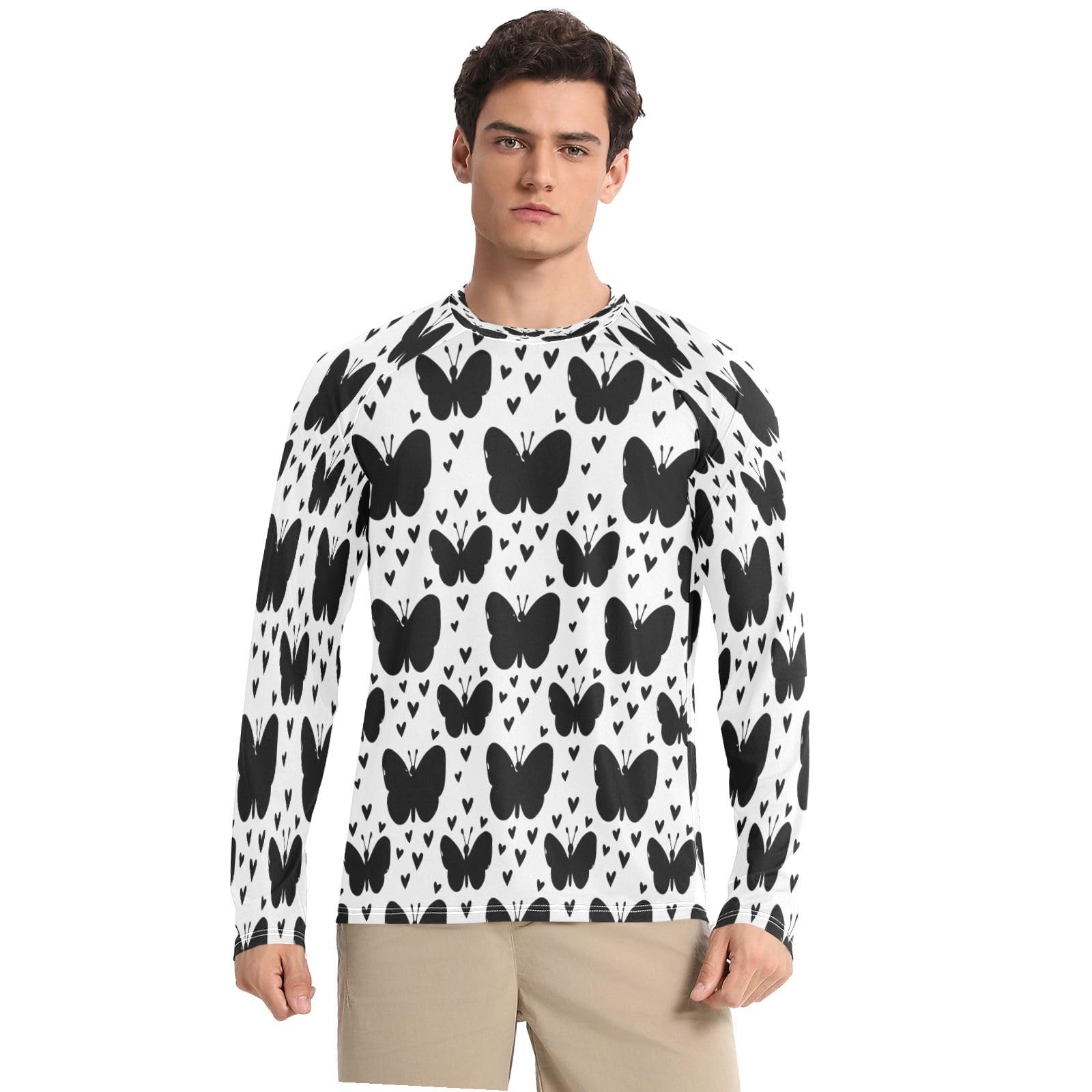 Bulletgxll Black Butterflies Men's Sun Protection Shirts UPF 50+ Long Sleeve UV Rash Guard Quick Dry Swim Shirts