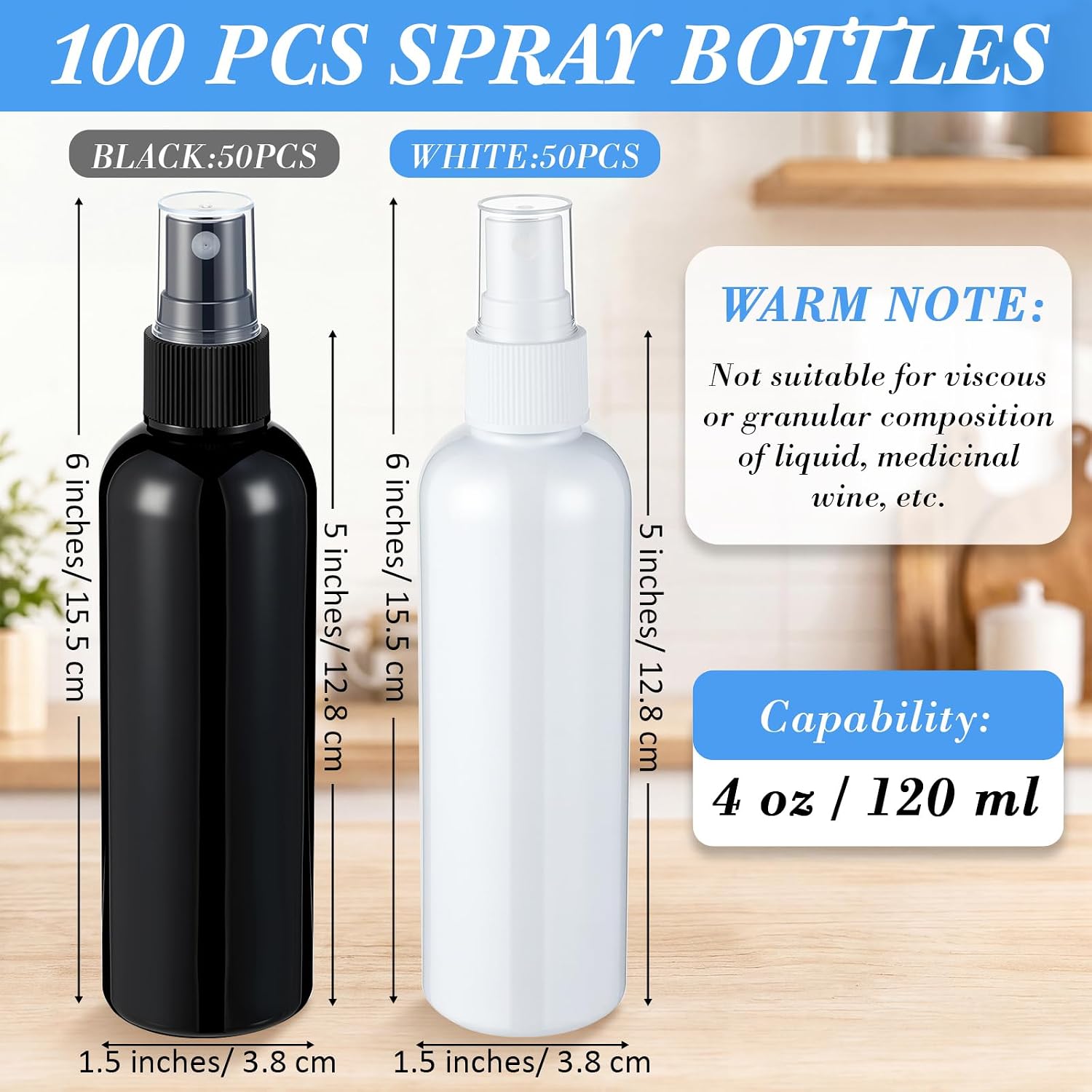 Kigley 100 Pcs Plastic Spray Bottles 4 oz Empty Fine Mist, Black and White