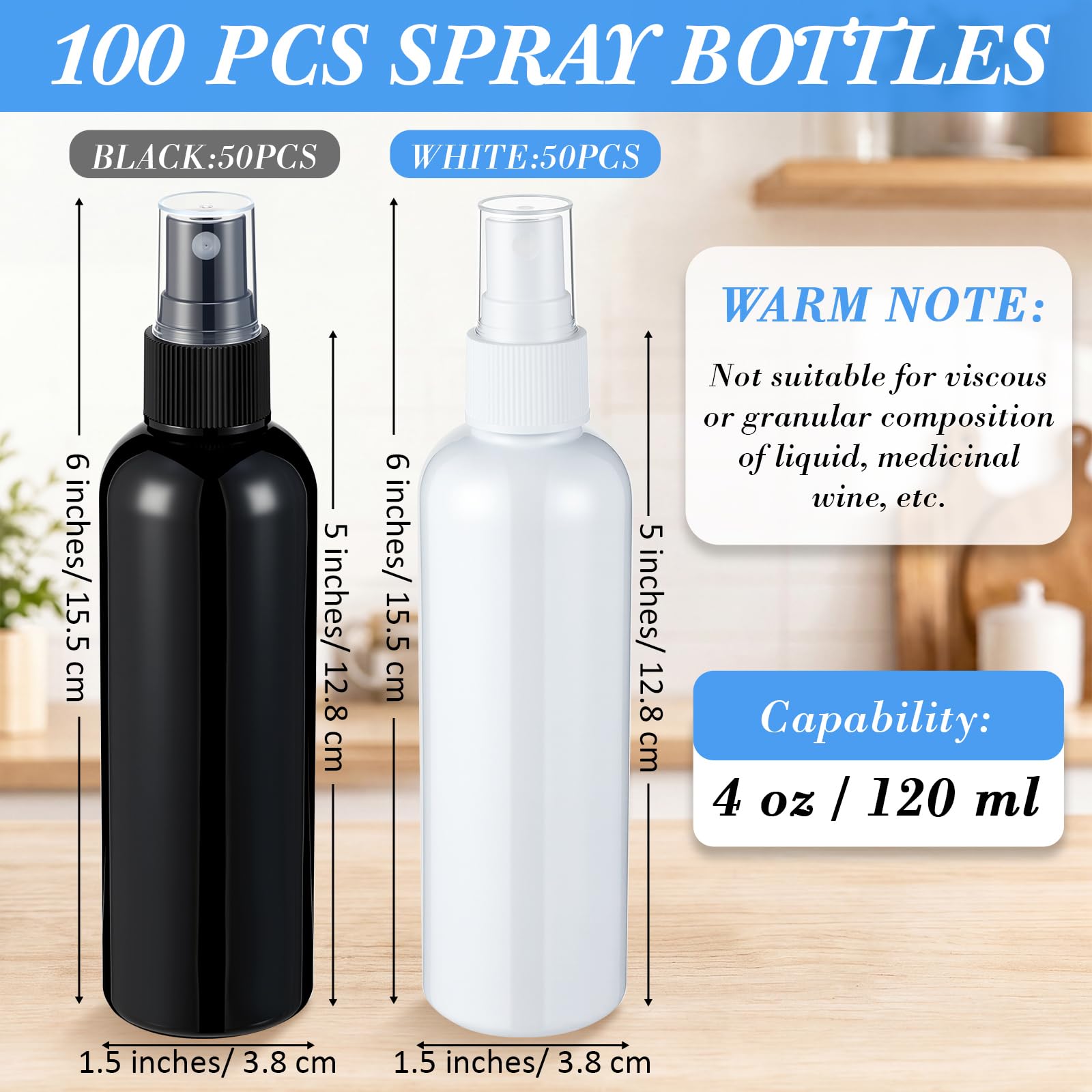 Kigley 100-Piece Plastic Fine Mist Spray Bottles, 4 oz Refillable