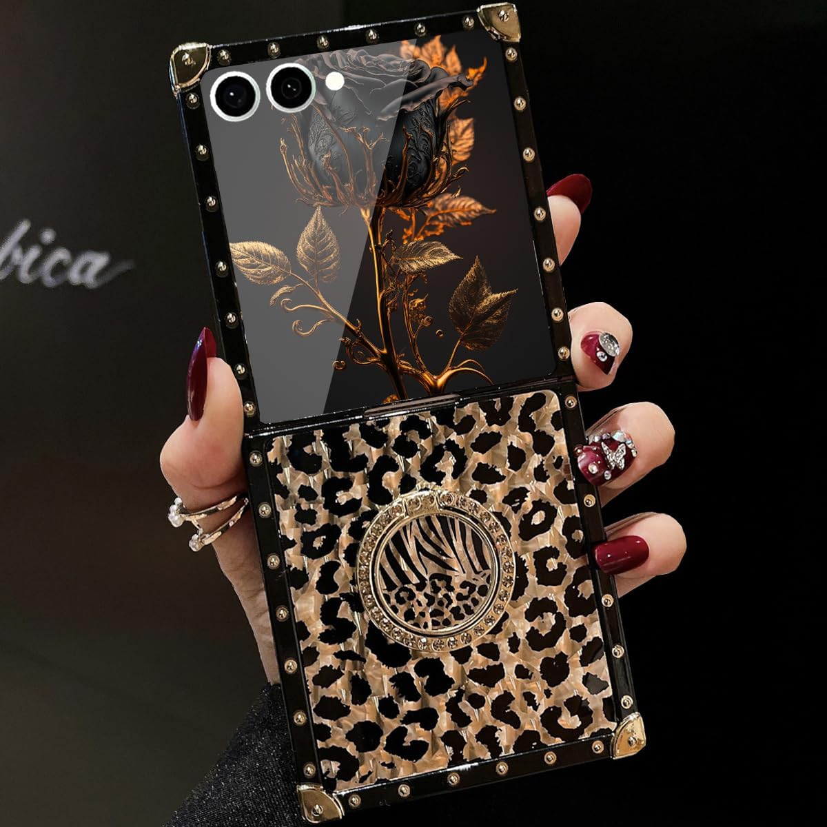 for Samsung Galaxy Z Flip 7 Leopard Case with Rhinestone Ring Stand Holder Black Cheetah Print Shockproof Protection Sparkle Bling Cover for Women Girls, Black Leopard