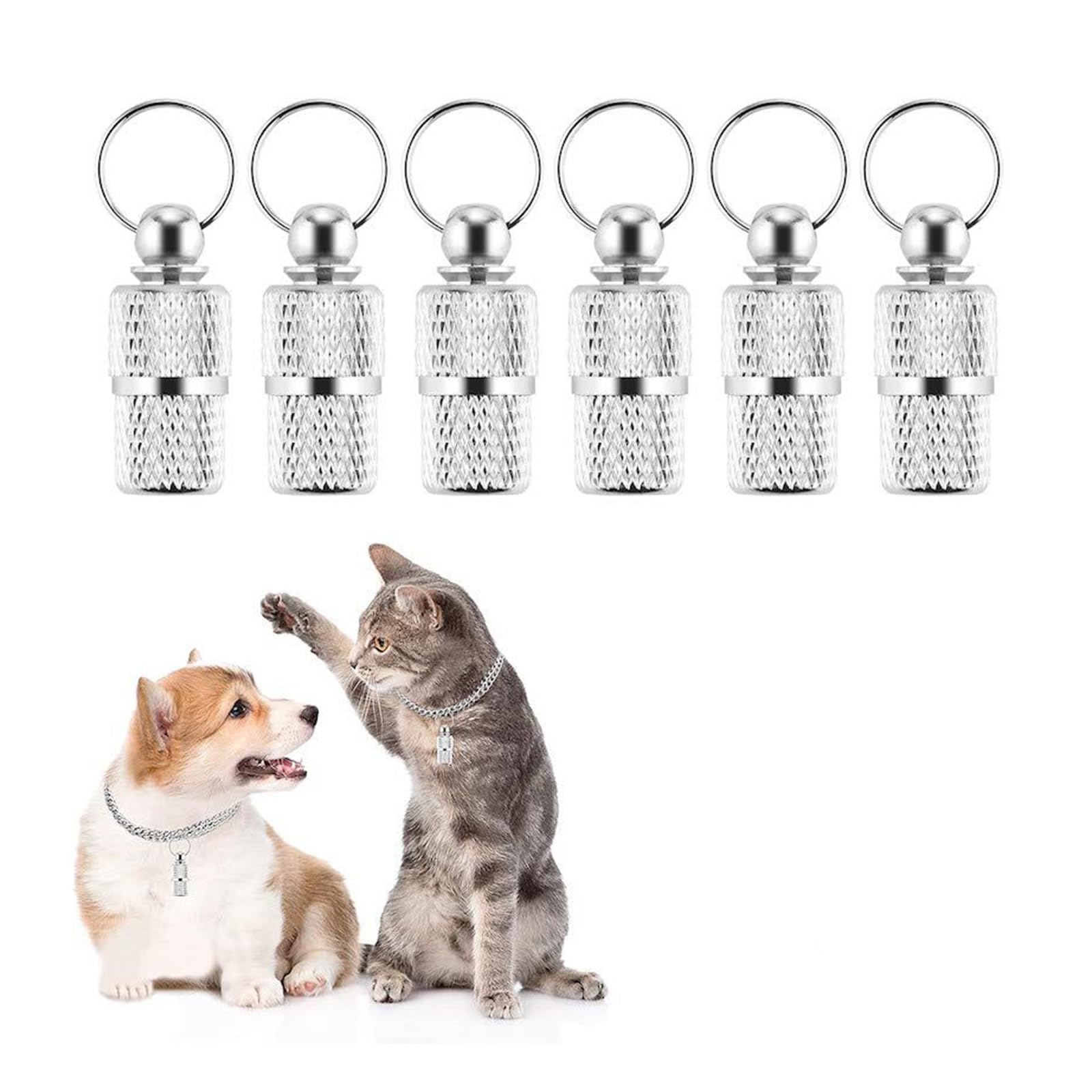Pet ID Tags - 6 Pack Personalised Stainless Steel Tag Barrel Tube with Address Name Label, Silver, 2.5x1.0cm
