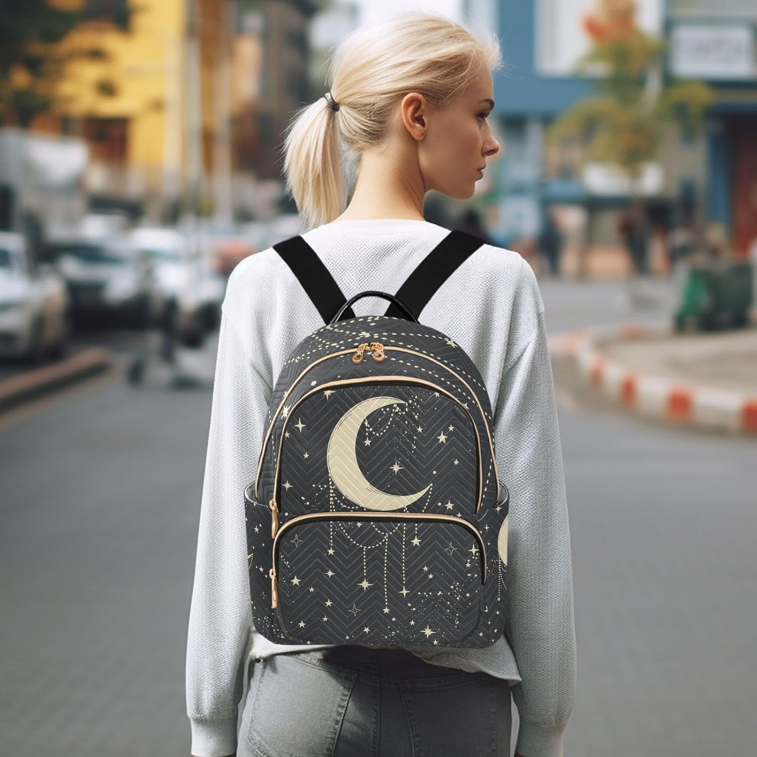 Boho Moon Quilted Backpack Purse for Women Fashion Small Backpack Shoulder Bag Travel Casual Daypack M - Image 7
