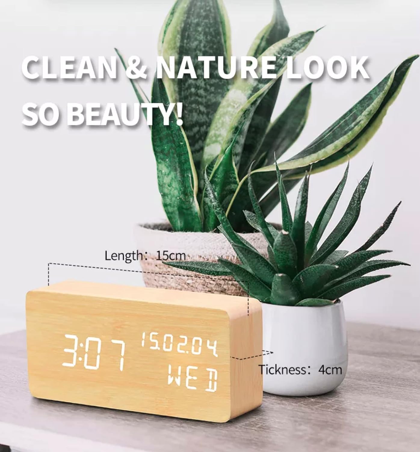 Wood Digital Alarm Clock Desk Time, Date(MM/DD/YY), Day of The Week, Temperature, Nightlight Large LED Display Portable Lamp Bedroom, Office, School, Home, Livingroom, Room (Bamboo)