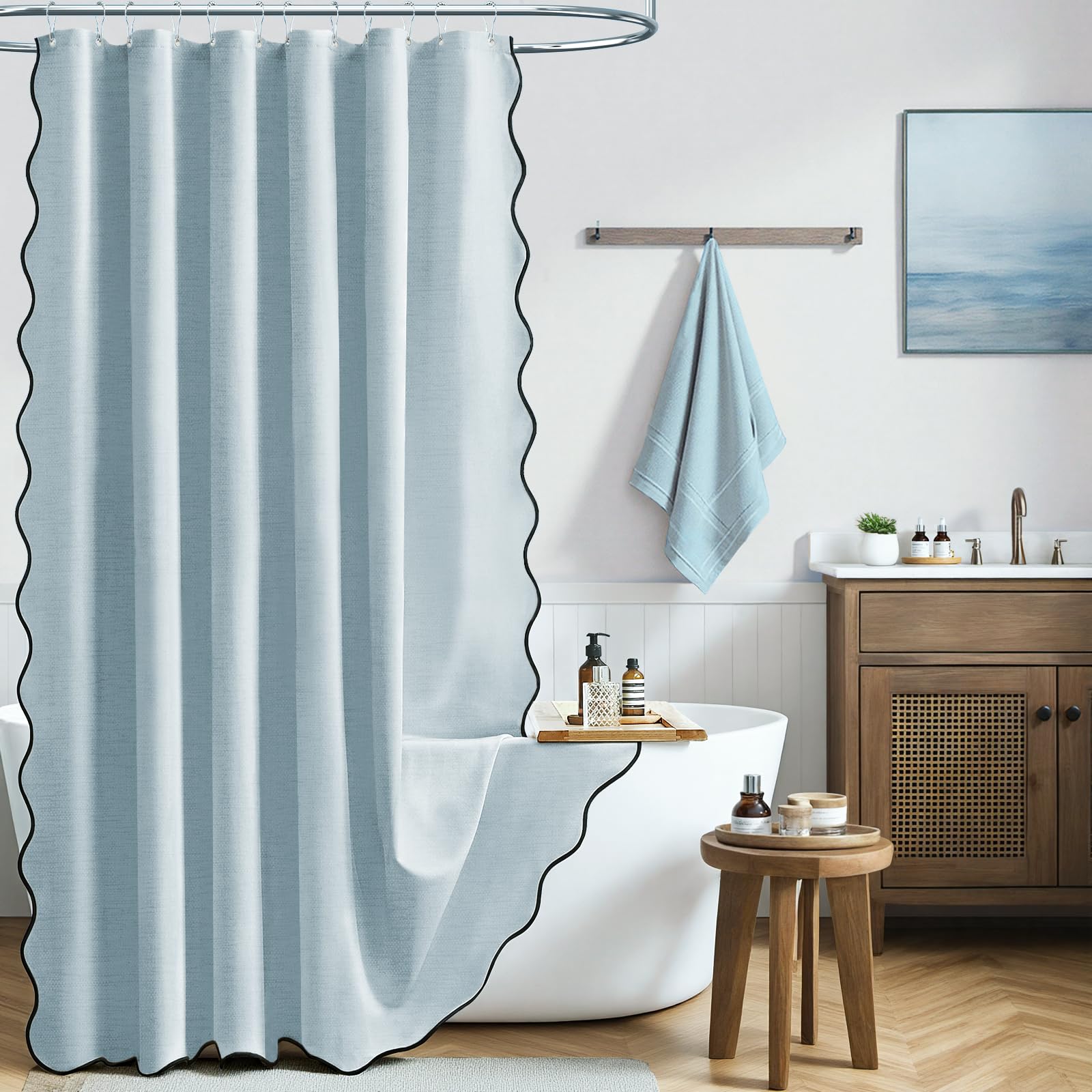 BTTN 93 x 183cm Fog Blue Scalloped Shower Curtain, Boho Narrow Waterproof Linen Look Textured Fabric, Anti-Mould & Mildew Resistant, Small Vintage Shower Curtain Set with 6 Plastic Hooks, Fog Blue