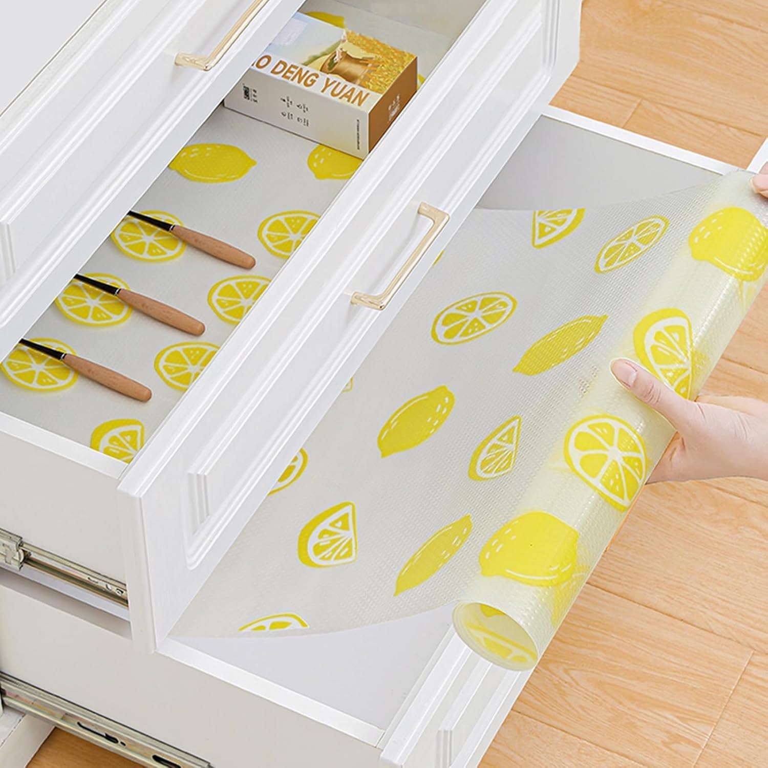 K2P Fridge Mats, Kitchen Mat EVA Food Grade Multipurpose Washable Anti Slip Mat/Sheet for Fridge, Shelf Liners for Kitchen Shelves, Table, Kitchen Drawer mat - 500 x 45 cm (Lemon) 2