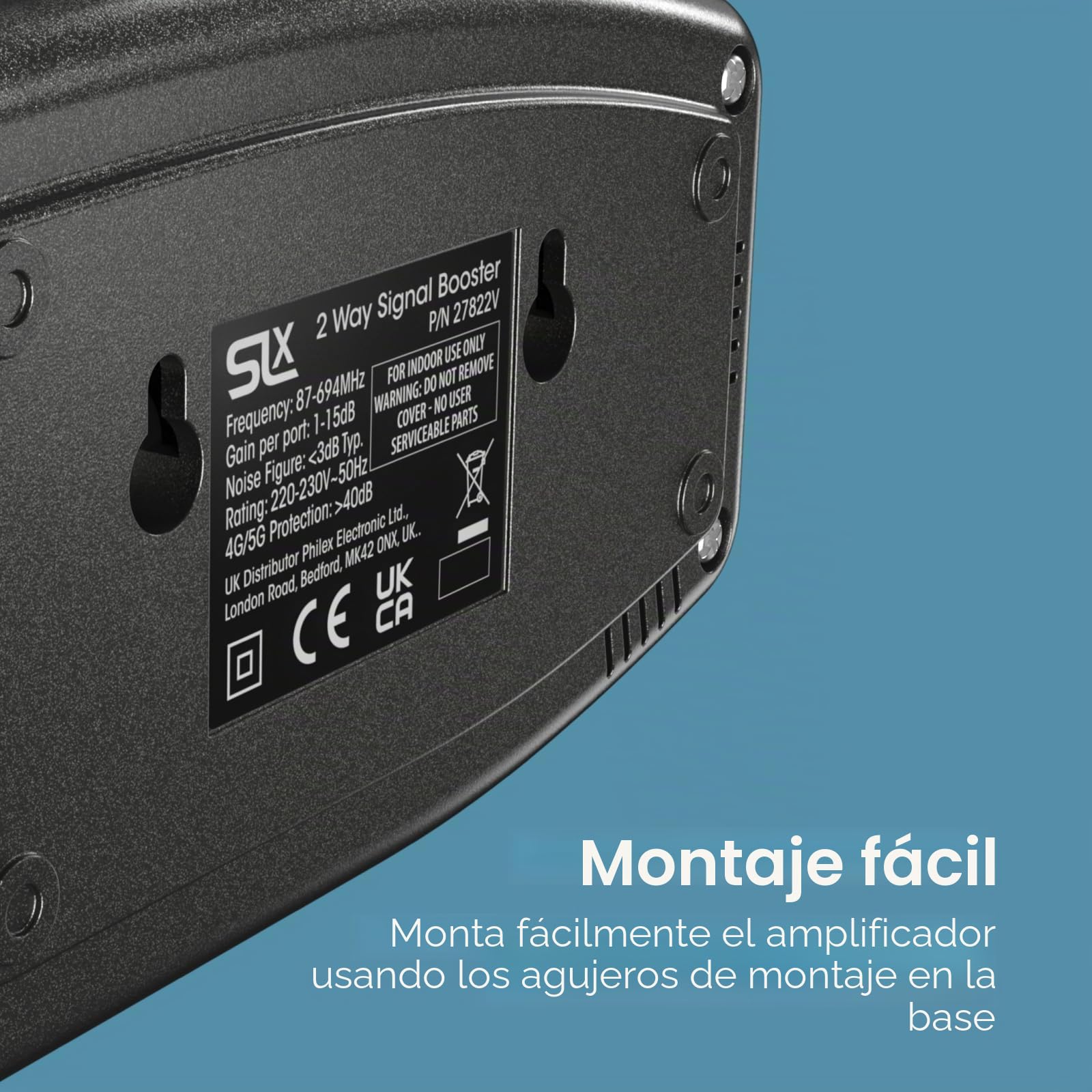Amplificador de antena de señal de TV, amplificador de distribución de señal de 2 vías SLx con conexiones coaxiales, filtrado 4G y 5G, control de ganancia variable y eficiencia energética mejorada