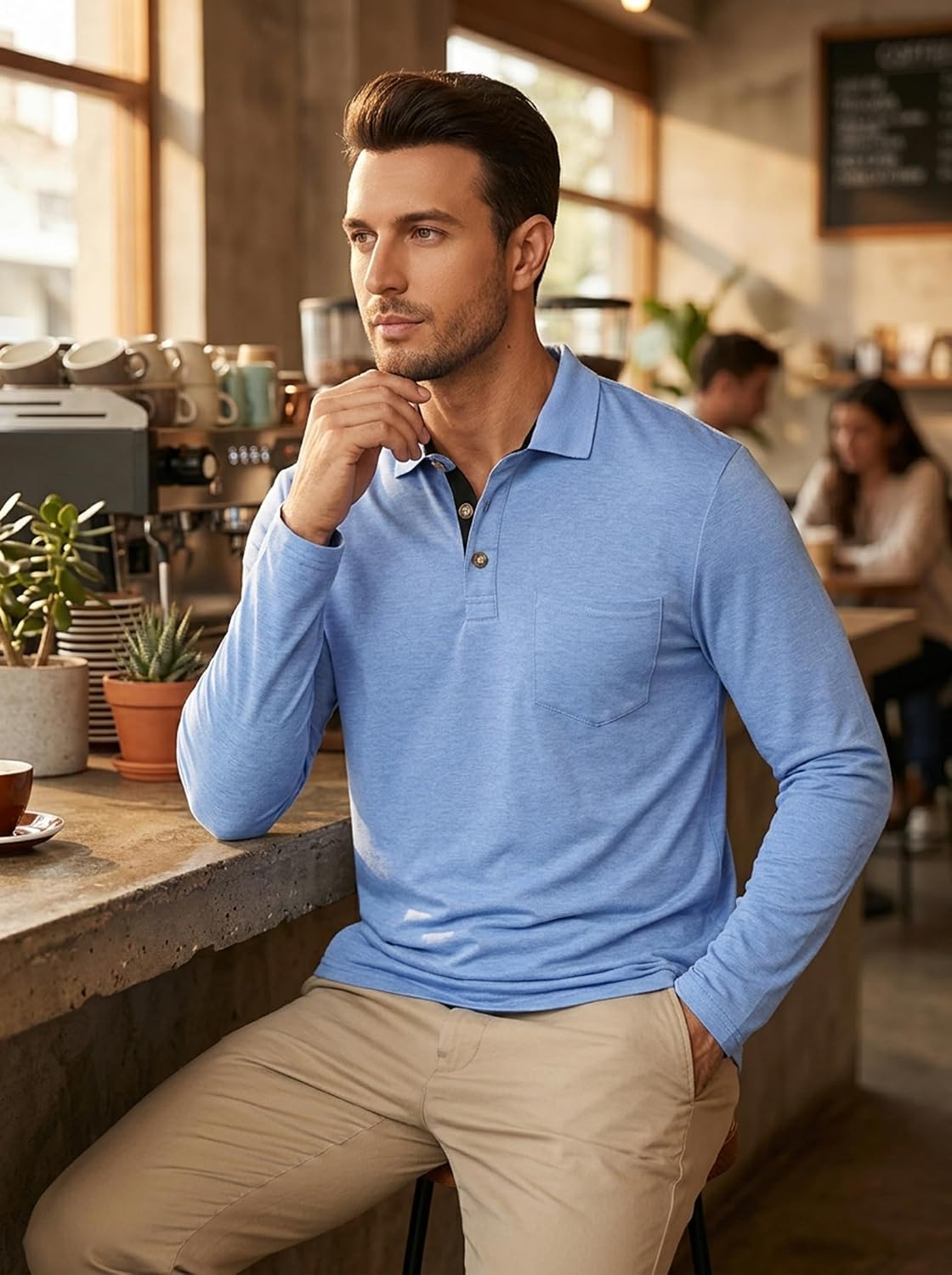 PICKLION Mens Long Sleeve Polo Shirts Casual Moisture Wicking Golf Polo Shirts with Pocket