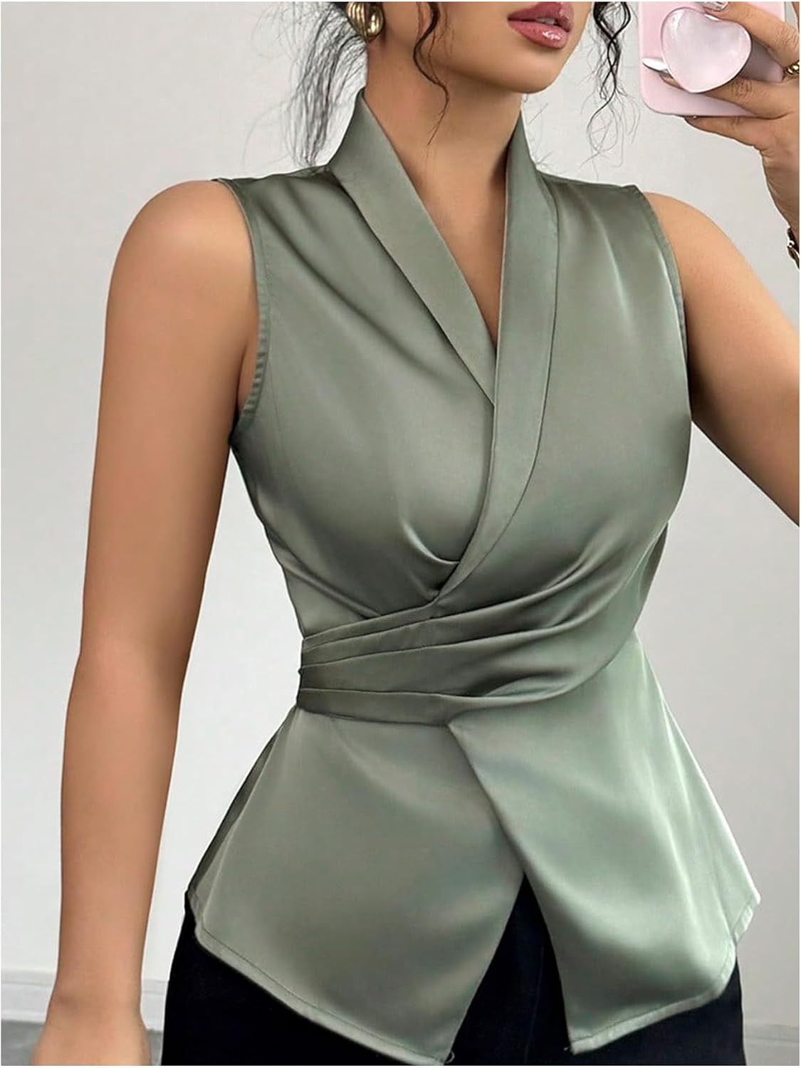 SweatyRocks Women's Sleeveless Ruffle Satin Blouses Elegant Business Work Wrap Tank Top - Image 5