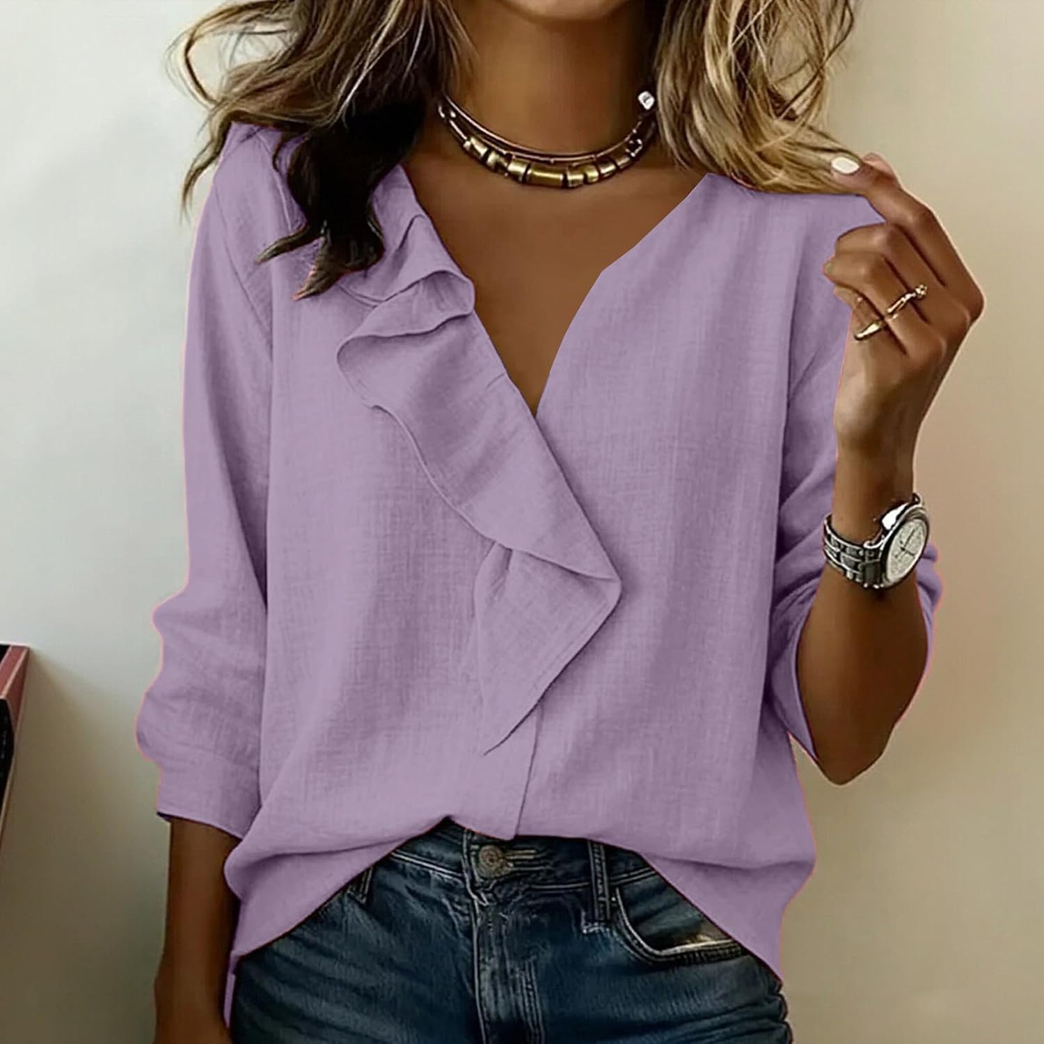 Womens Tunic Blouse Summer Tops Casual Linen Cotton 3/4 | Womens Summer Tops Casual Linen Cotton Tunic Blouse 3/4 Sleeve V Neck Ruffle Shirts Beach Vacation Tees