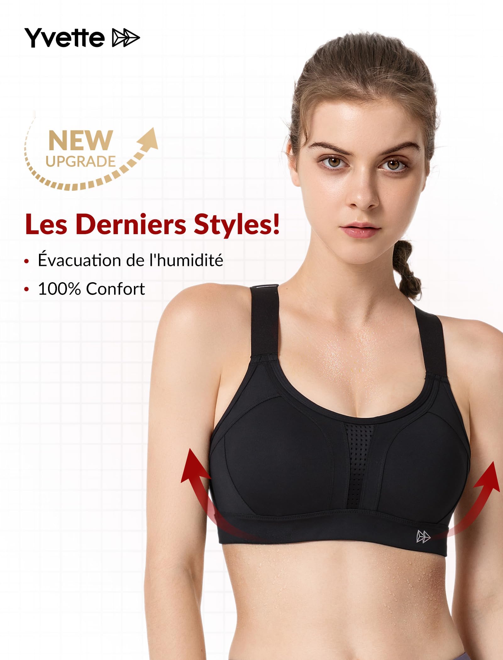 Yvette Soutien Gorge de Sport Femmes Bretelles Réglables Dos Croisées sans Armature Maintien Fort Grande Taille Course Fitness Gym