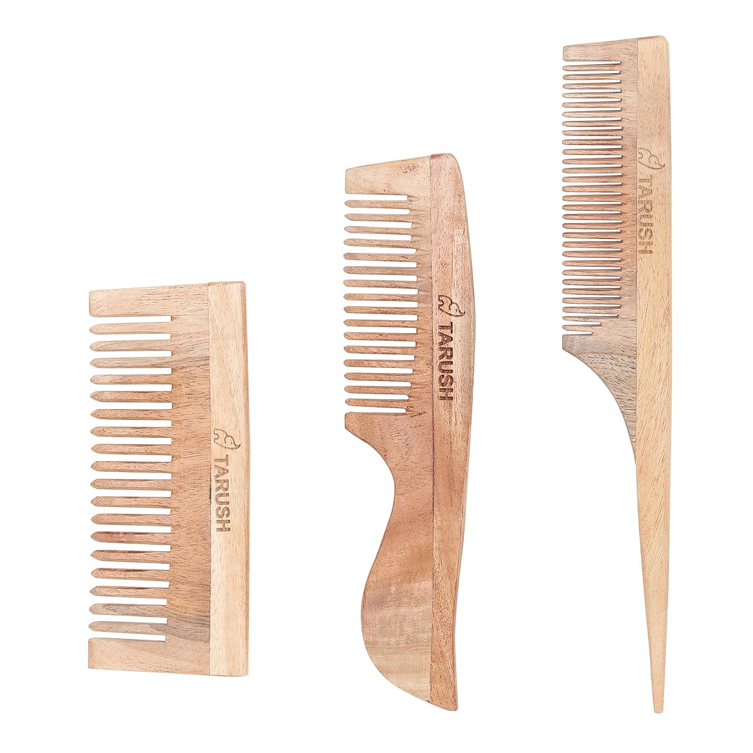 Tarush Neem Wood Hair Comb Set, 3 Styles with Storage Pouch, All Hair Types