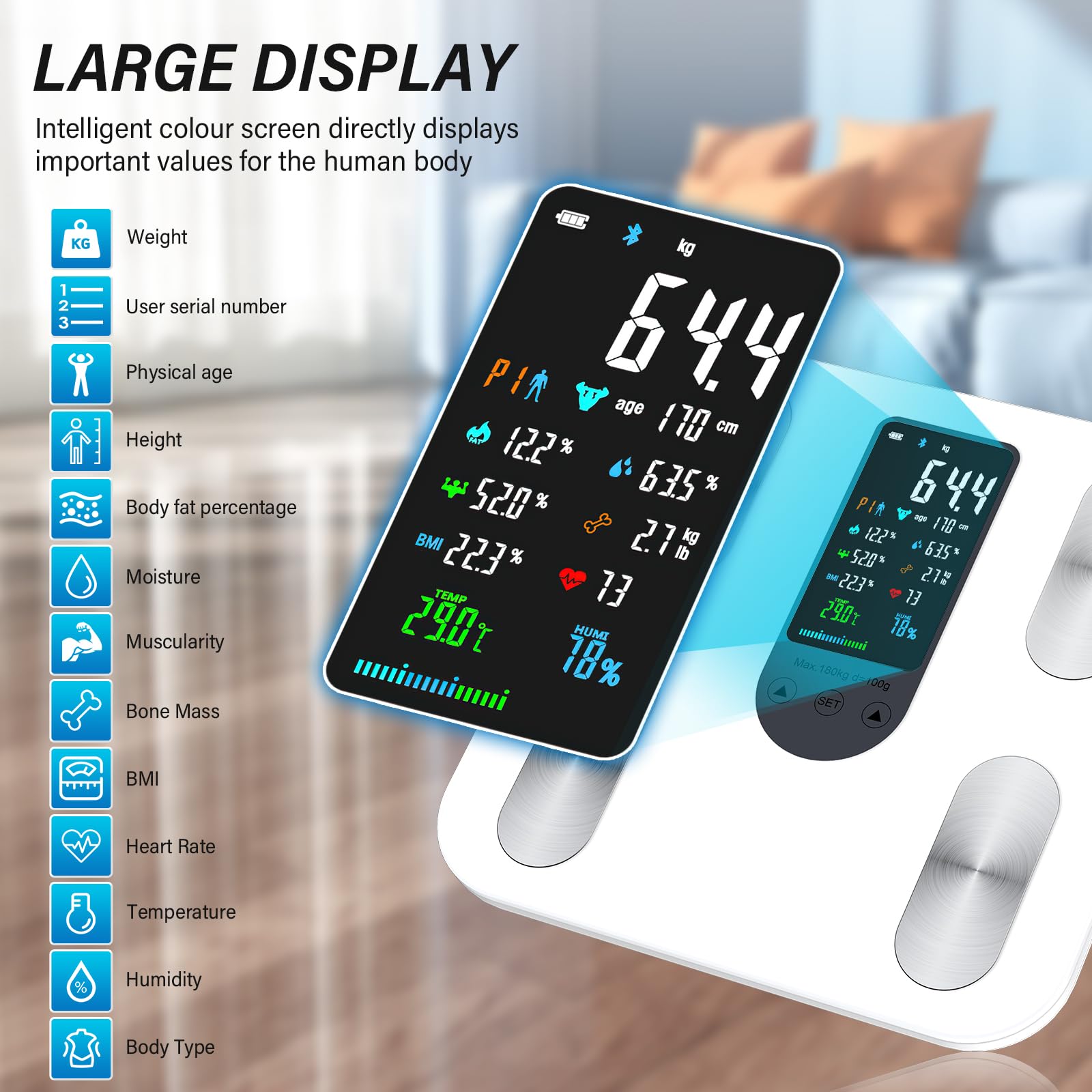 Körperfettwaage mit Großem Display, Personenwaage mit Körperfettanalyse, Waage mit Körperfett und Muskelmasse, Bluetooth Waage Personen mit App, Körperwaage Digital mit 22 Messwerten