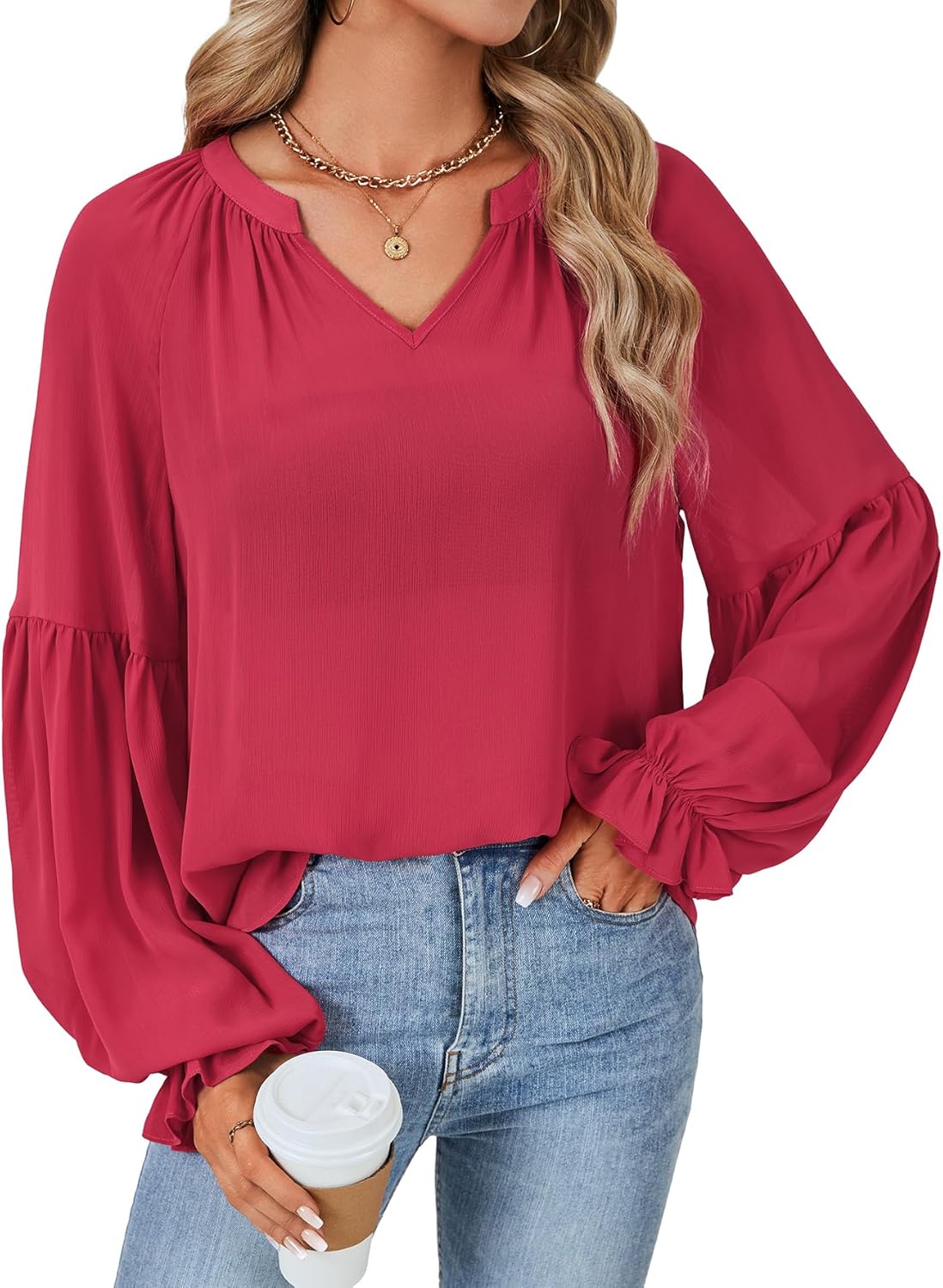 LYANER Women's Loose Casual V Neck Blouse Ruffle Trim Lantern Long Sleeve Shirt Top - Image 4