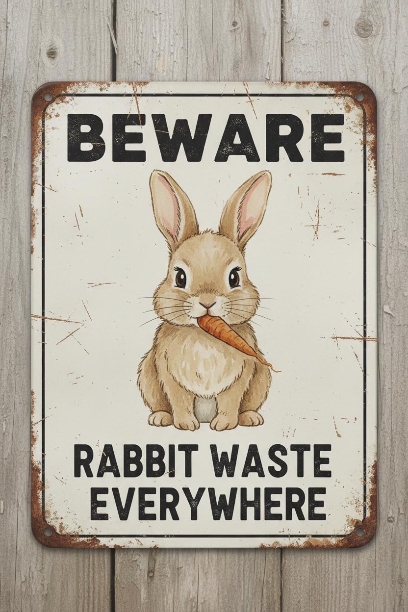 Funny Rabbit Beware Sign Metal Tin Sign Retro Rabbit Shit Everywhere Vintage Warning Plaque for Garage Bar Man Cave Workshop Farmhouse Garden Home Office 8x12inch