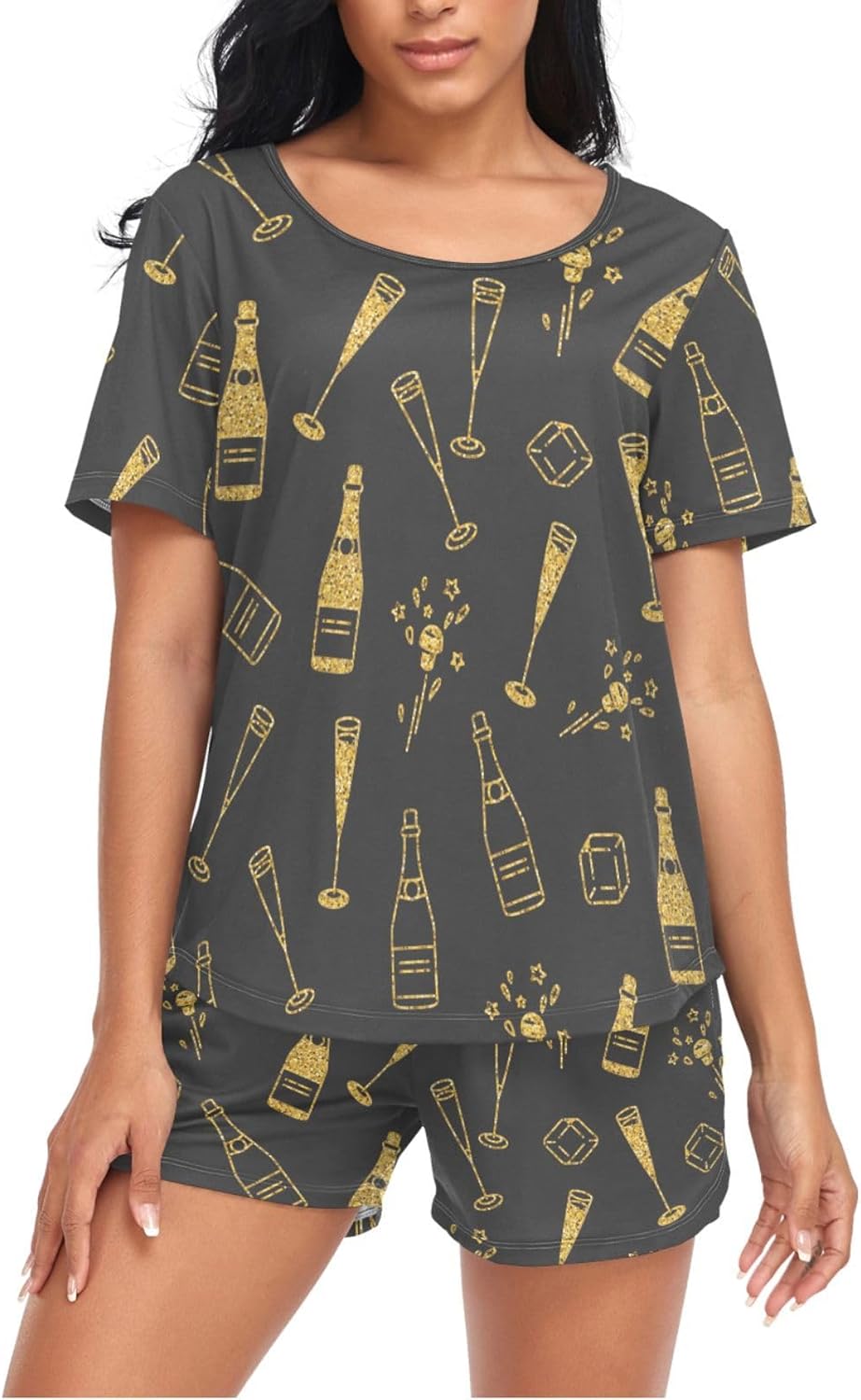 Women's Pajama Set Short Sleeve Sleepwear Soft 2 Piece Champagne Bottles Pjs Lounge Sets with Pockets - Image 5