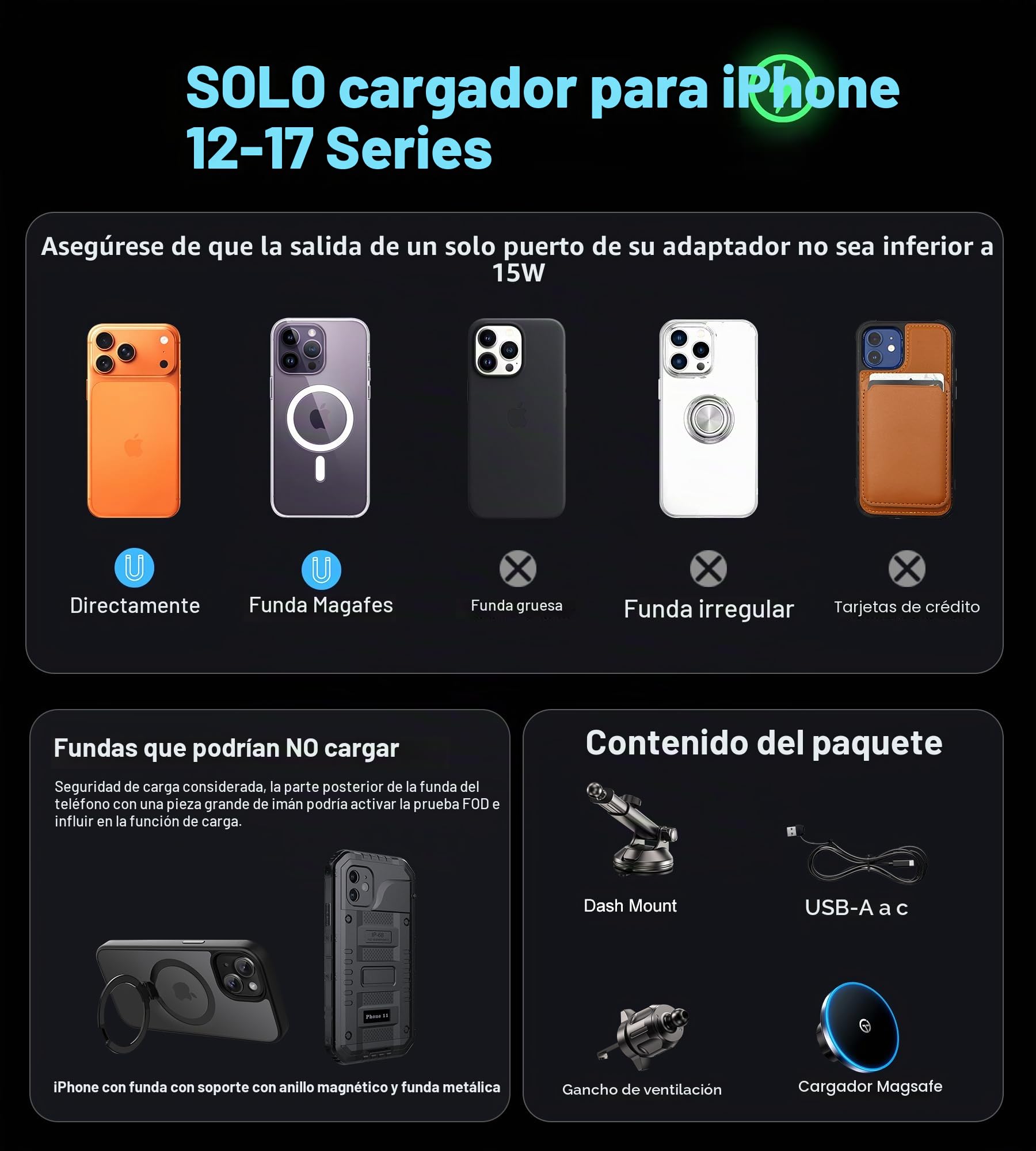 Soporte Coche mag-Safe con 【LED Light】para la Alineación de la Noche Cargador Inalambrico i-Phone Coche para Salpicadero Ventilacion Parabrisas para i-Phone 17 16 15 14 13 12 Series