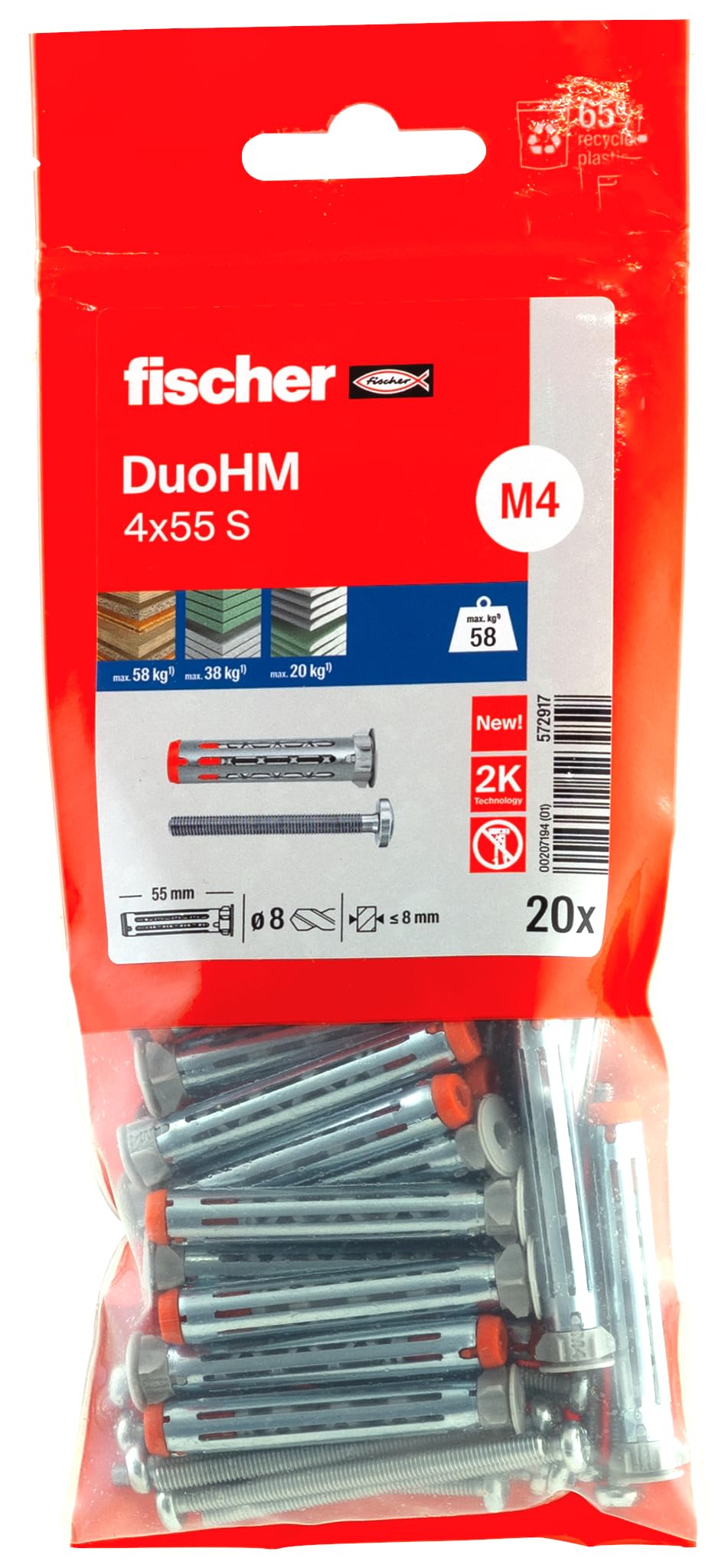 fischer - Kołek dwumateriałowy DuoHM 4 x 55 do pustego korpusu, ze śrubami z łbem cylindrycznym, odcisk PZ - worek 20 szt