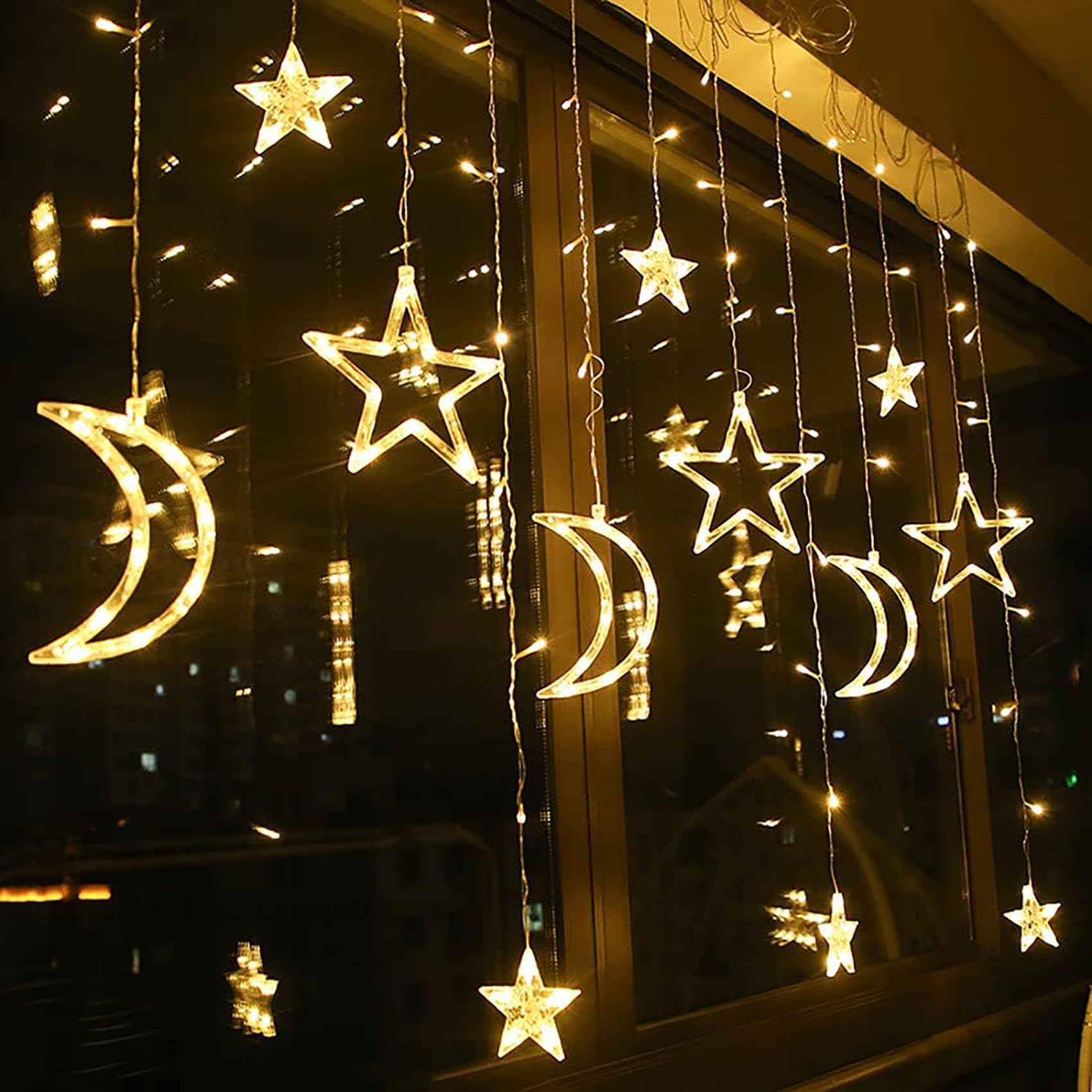 Solar Lichterketten Vorhang Aussen 138 LEDs Wasserdicht Sterne Mond LED Lichterkette mit Fernbedienung 8 Modi Lichtervorhang für Garten Pavillon Weihnachten Hochzeit Party (Warmweiß)