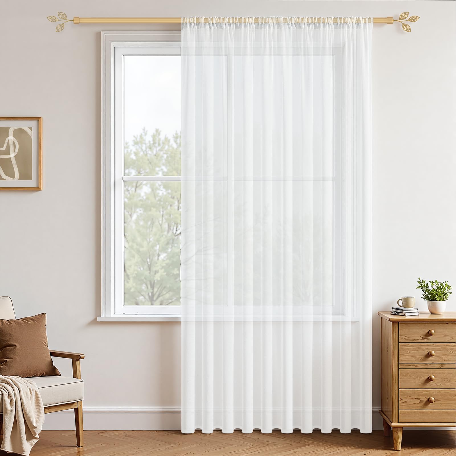 MRTREES Curtains, White, Semi-Transparent, Modern, 240 cm Long, Boho, for Rod Pull, 300 cm Wide, Extra Wide, Country House Style, for Living Room, Bedroom and Kitchen, Set of 1