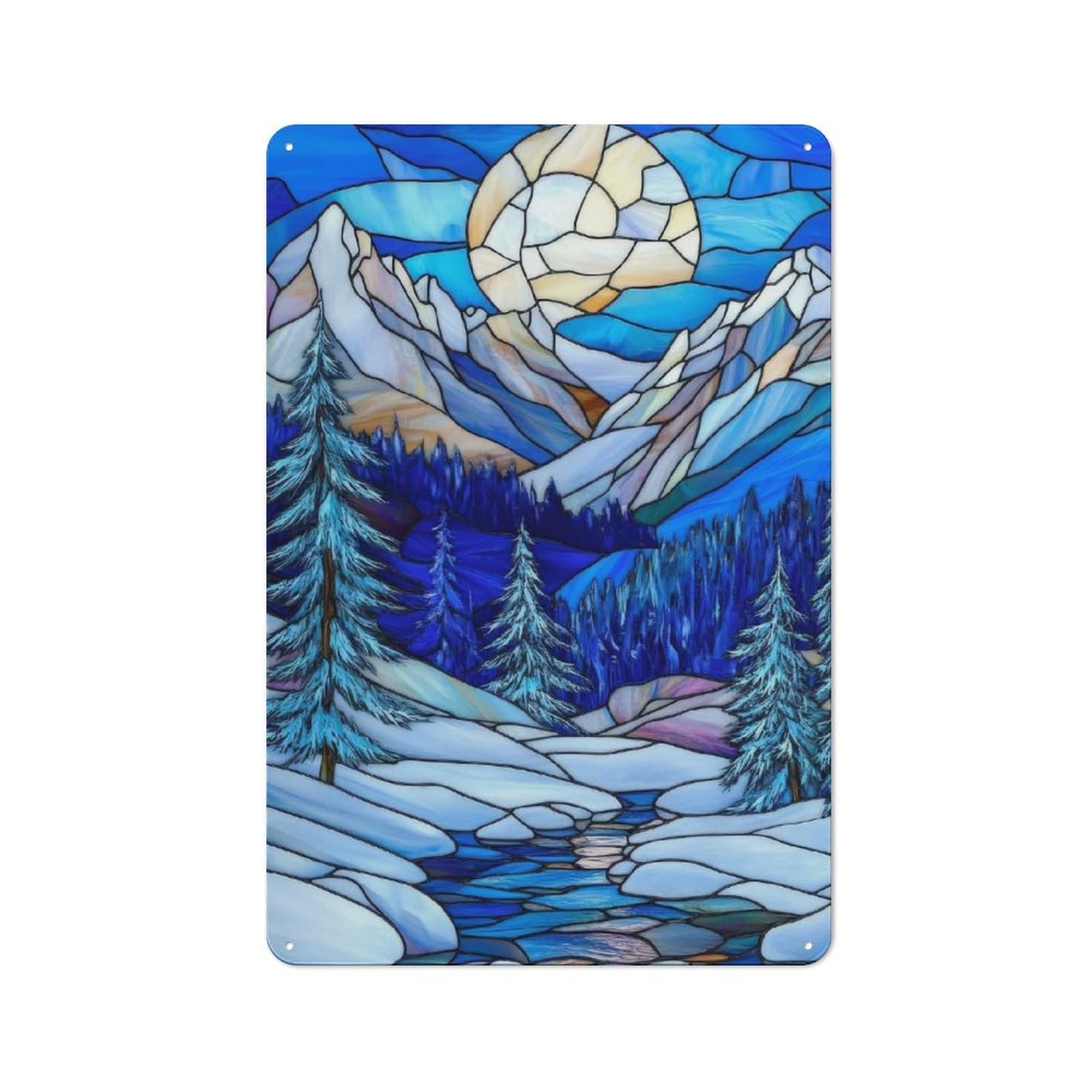 Junmoney Stained Glass Mountain Scene Tin Wall Plaque 30X20cm With For Guest Room Or Hallway, For Metal Sign Collectors, For Garage And Workshop Walls