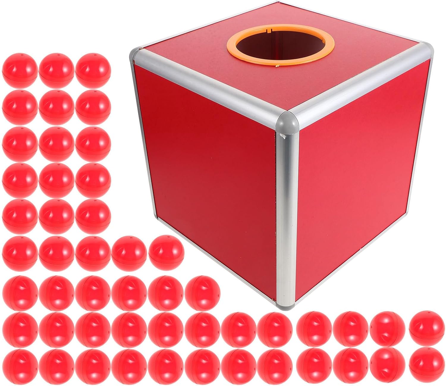 Prize Box Container with 25cm Red Cubic Drawing Box and 50 Red Raffle Balls for Party Games and Event Lottery Storage