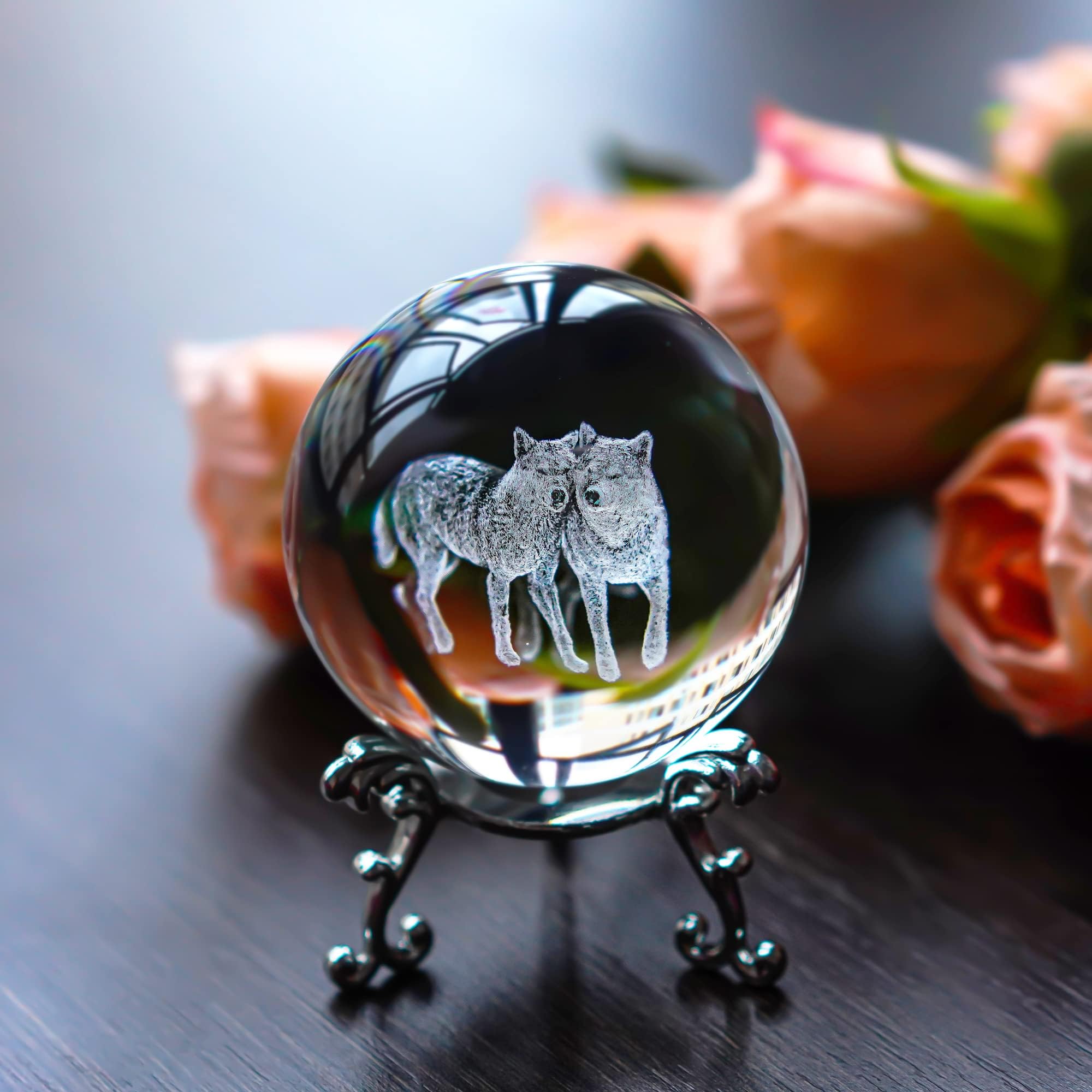 ZEERSHEE 60mm Wolf Crystal Decor Ball with Stand 3D Glass Laser Engraved Wolf Gifts for Wolf Lovers Decorative Glass Wolves Sphere Figurine for Home Office Paperweight