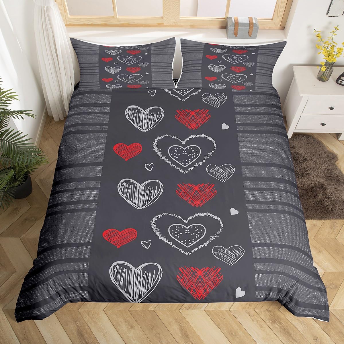 Homemissing Hearts Duvet Cover Super King Modern Geometric Striped Bedding Gray Red and White Heart Shaped Bedding Set Simple Line Bedding Set Valentine's Day Couple Decor