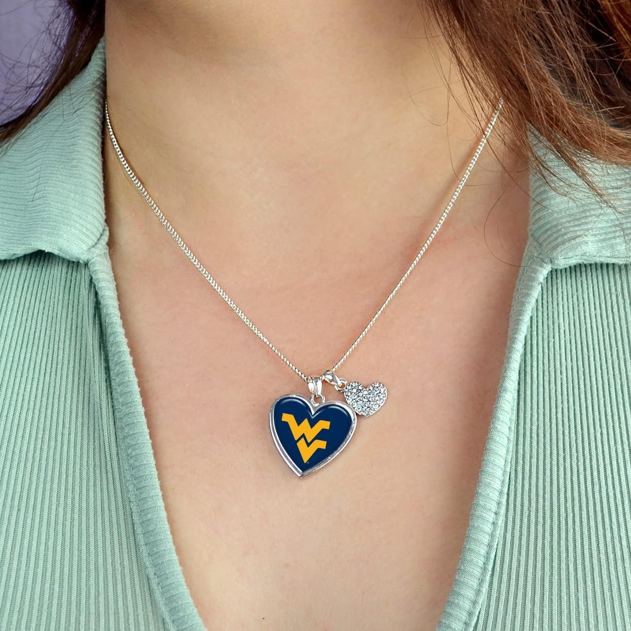 West Virginia Mountaineers Amara Crystal Heart Silver Chain Necklace Jewelry Gift WVU