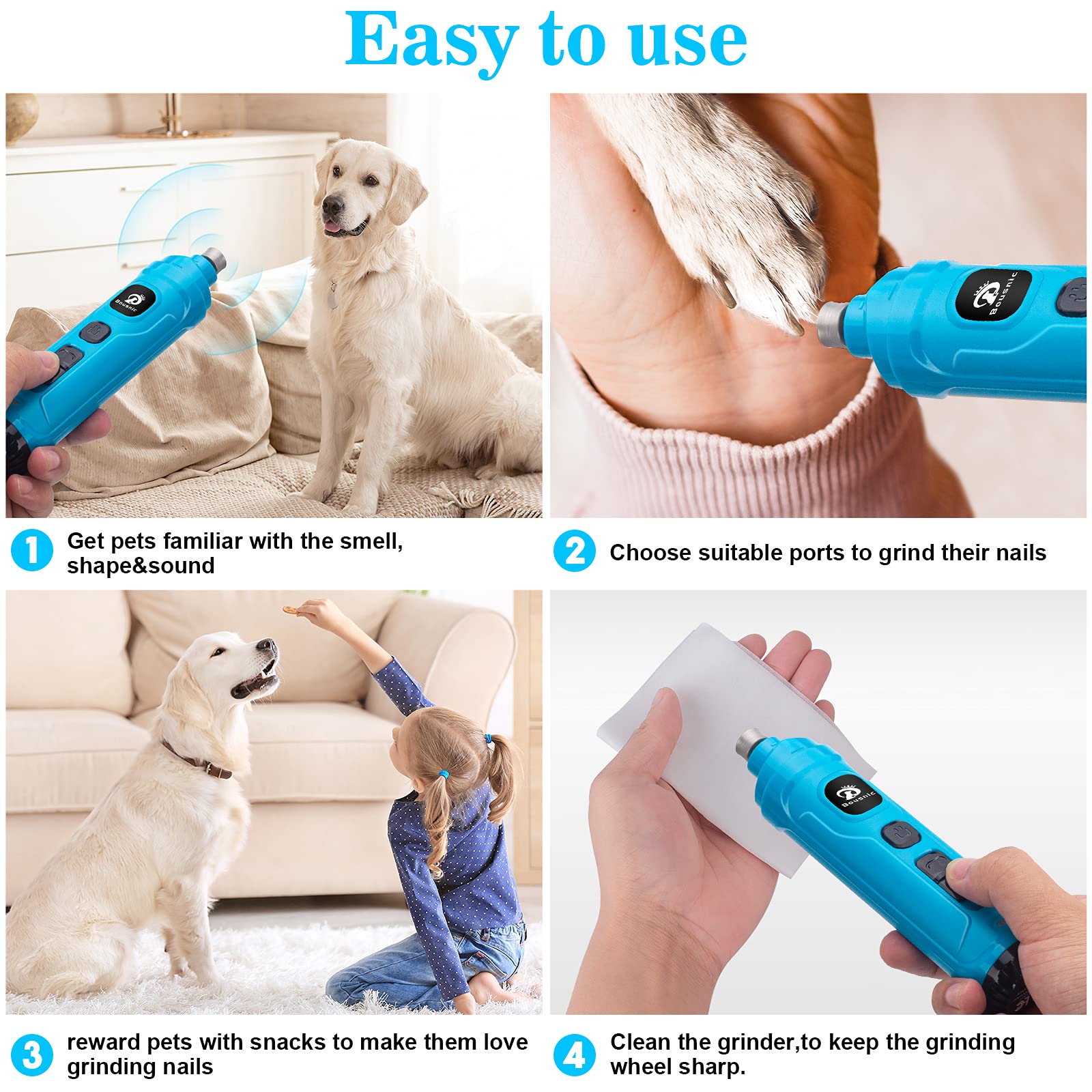 BOUSNIC Dog Nail Grinder with 2 LED Light - Super Quiet Pet Nail Grinder Powerful 2-Speed Electric Dog Nail Trimmer File Toenail Grinder for Puppy Small Medium Large Breed Dogs & Cats (Blue) - image 7