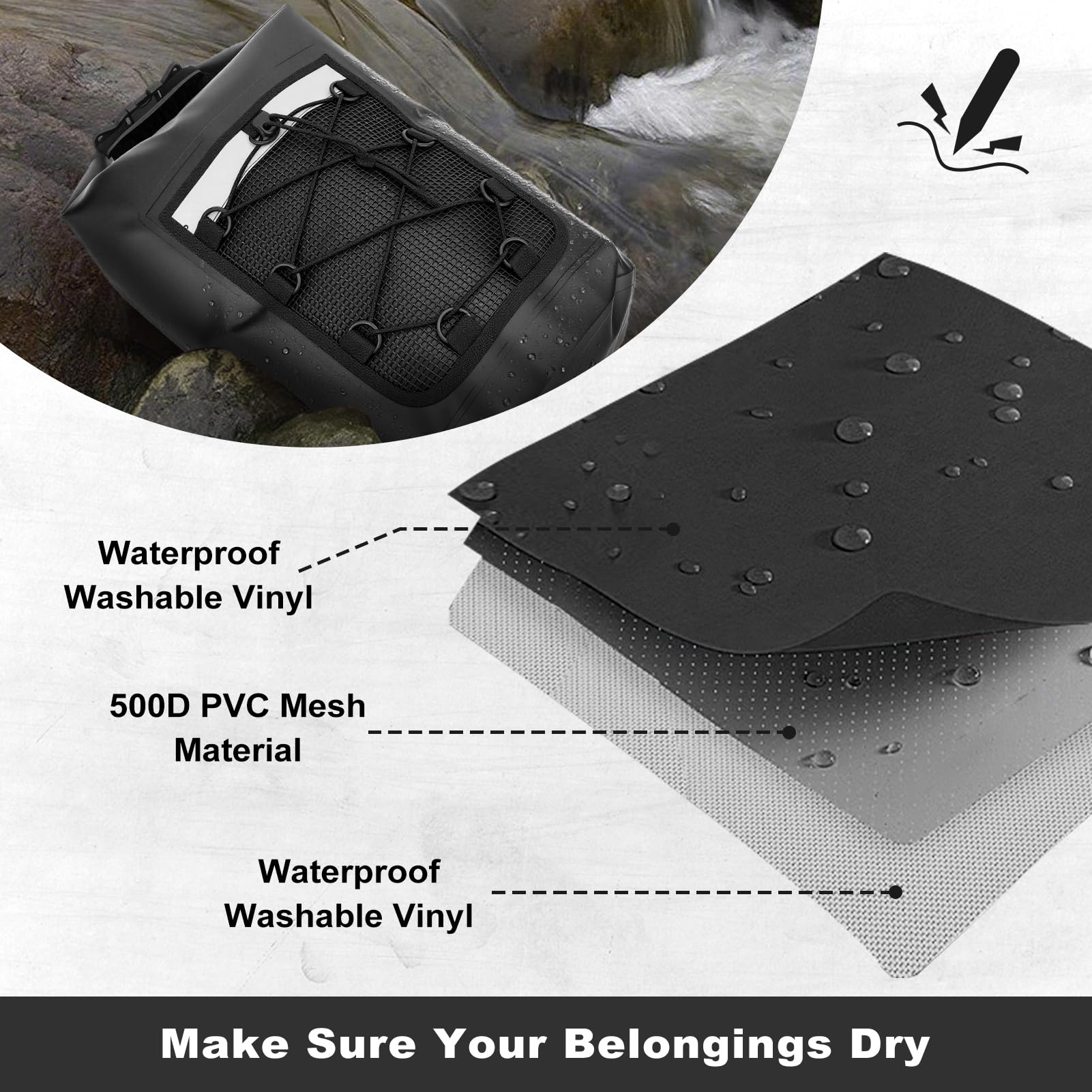 Sacs étanches flottants de 30 L pour kayak, bande réfléchissante sur le dessus, sac à dos de randonnée pour voyage, plage, randonnée et camping, homme/femme
