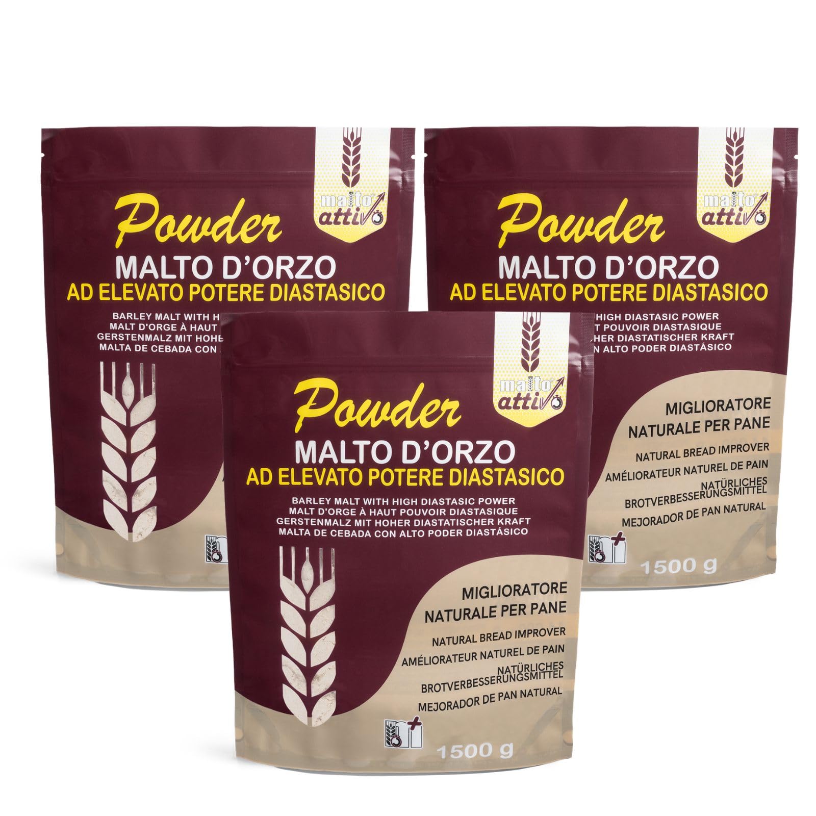 Malto Attivo, Box Powder da 3 pz di Powder 1.5Kg, Farina di Malto d’Orzo ad Elevato Potere Diastasico, Malto Diastasico Ideale per Panificazione, 14.000 Unità Pollak, Made in Italy.